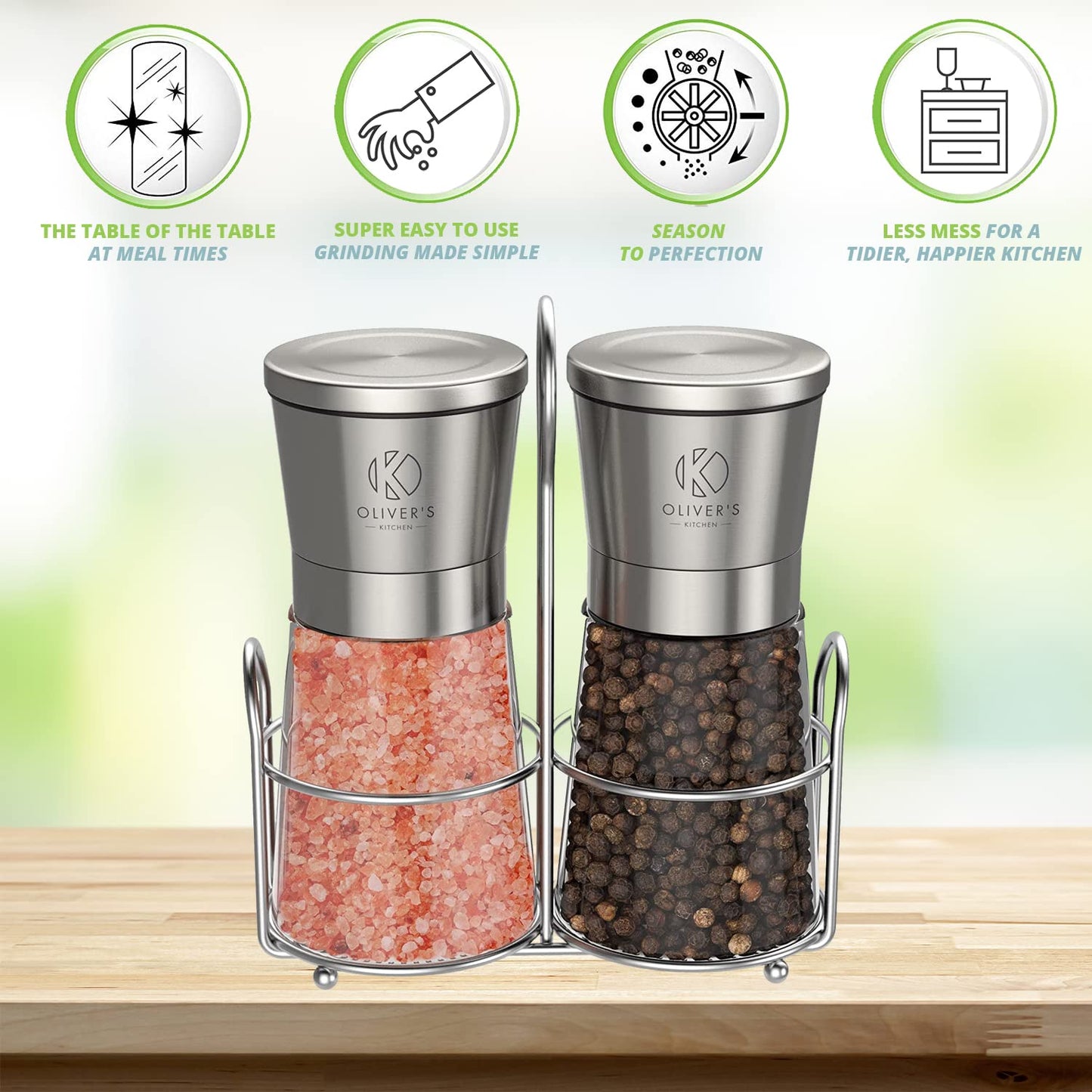 Oliver's Kitchen ® Salt & Pepper Grinder Set - 2X Premium Quality Ceramic Grinders - Easy to Fill & Use - Season to Perfection with Adjustable Coarseness - Large Capacity - Refill Less Often