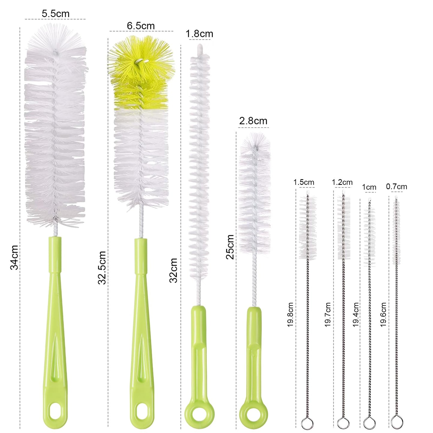 Vicloon Bottle Brushes, 8Pcs Multipurpose Bottle Cleaning Brushes Non-Scratch Water Bottle Cleaner Set for Baby Bottle Tube Pipe Flask Straws Brush A-8pcs-green