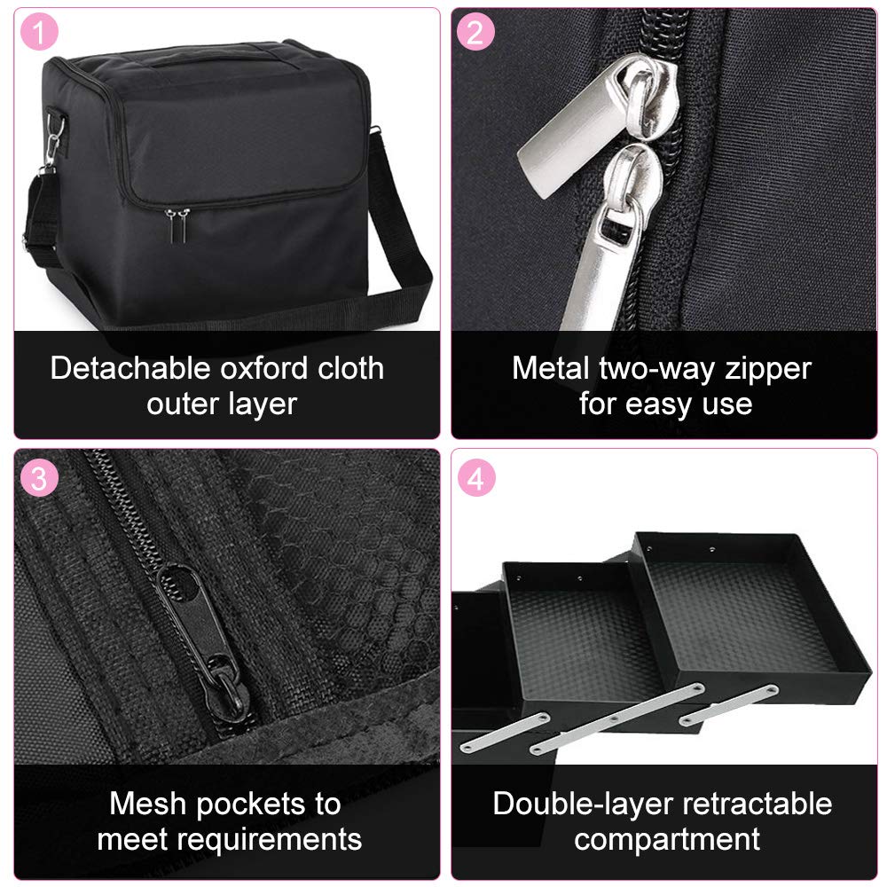 Hotrose Makeup Bag Large Vanity Case Beauty Nail Art Makeup Travel Box Multilayer Clapboard Cosmetic Case Jewellery Storage Organiser Storage with Shoulder Strap Nylon Fabric (Black) Black