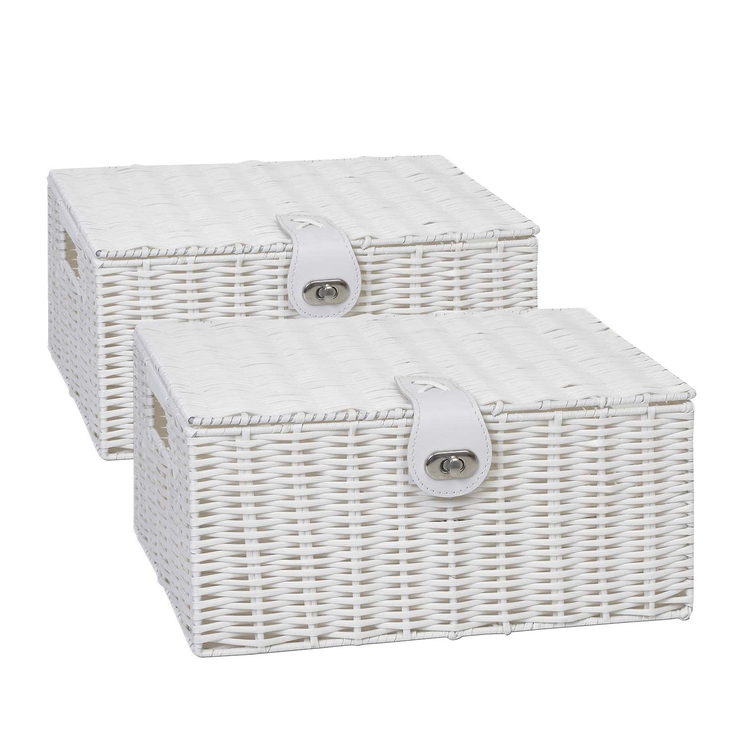 2 x Arpan Resin Woven Storage Hamper Basket Box with Lid & Lock (White - Medium) White - Medium