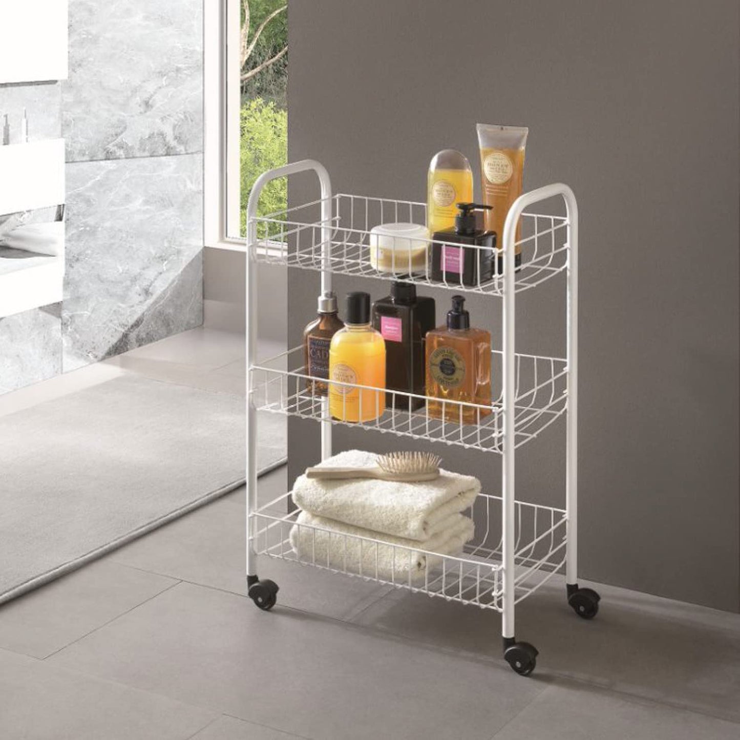 Metaltex Siena 3-Tier Trolley with Wheels - Multipurpose Storage Cart for Home including Kitchen, Bathroom, Office and Garage – White Metal, 400 grams 23 x 41 x 63 cm