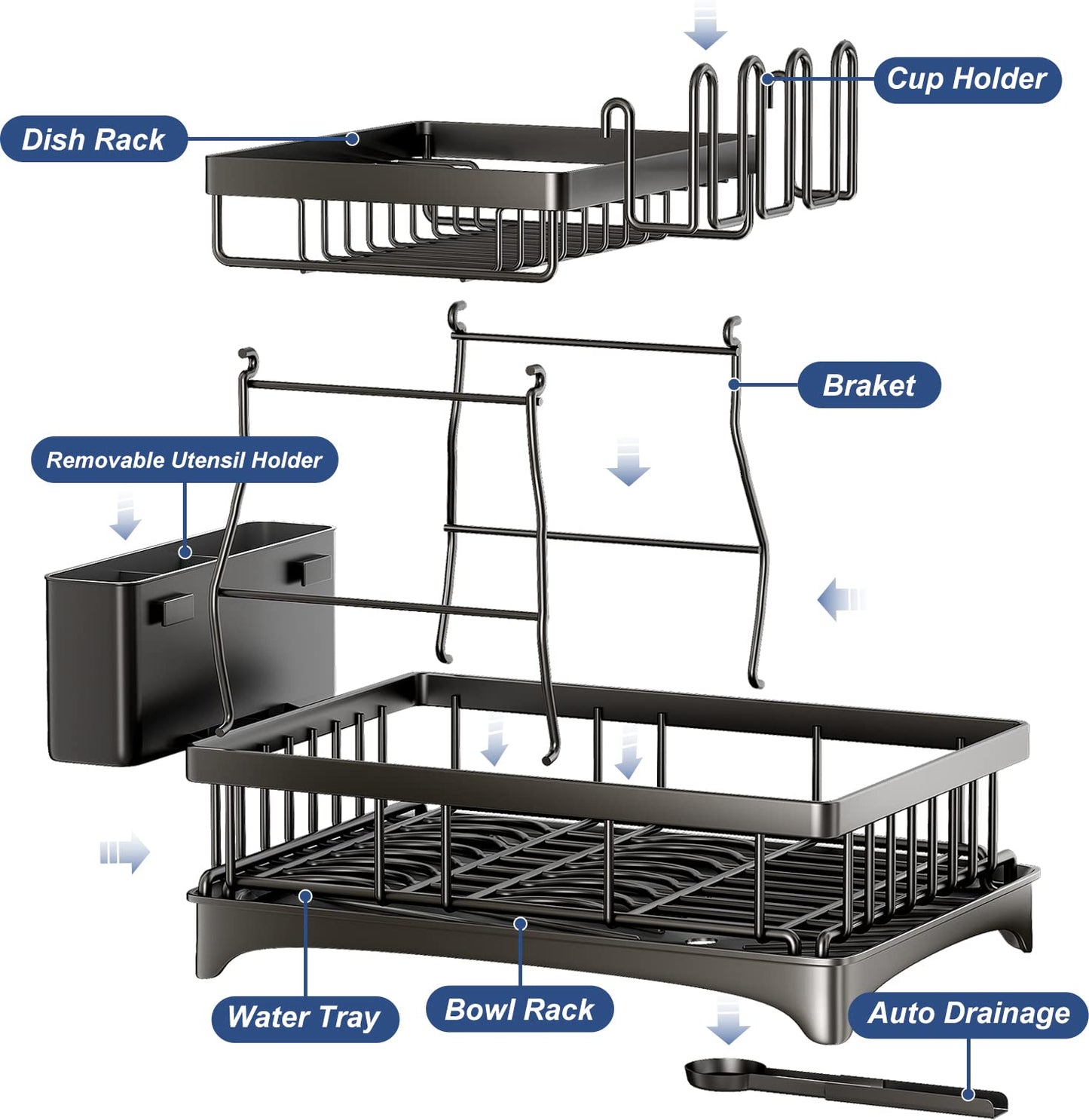 SAYZH Dish Drainer Rack, Detachable 2 Tier Dish Draining Rack and Drain board Set, Large Capacity Dish Drainer Organizer Shelf with Utensil Holder, Cup Rack for Kitchen Counter, Black