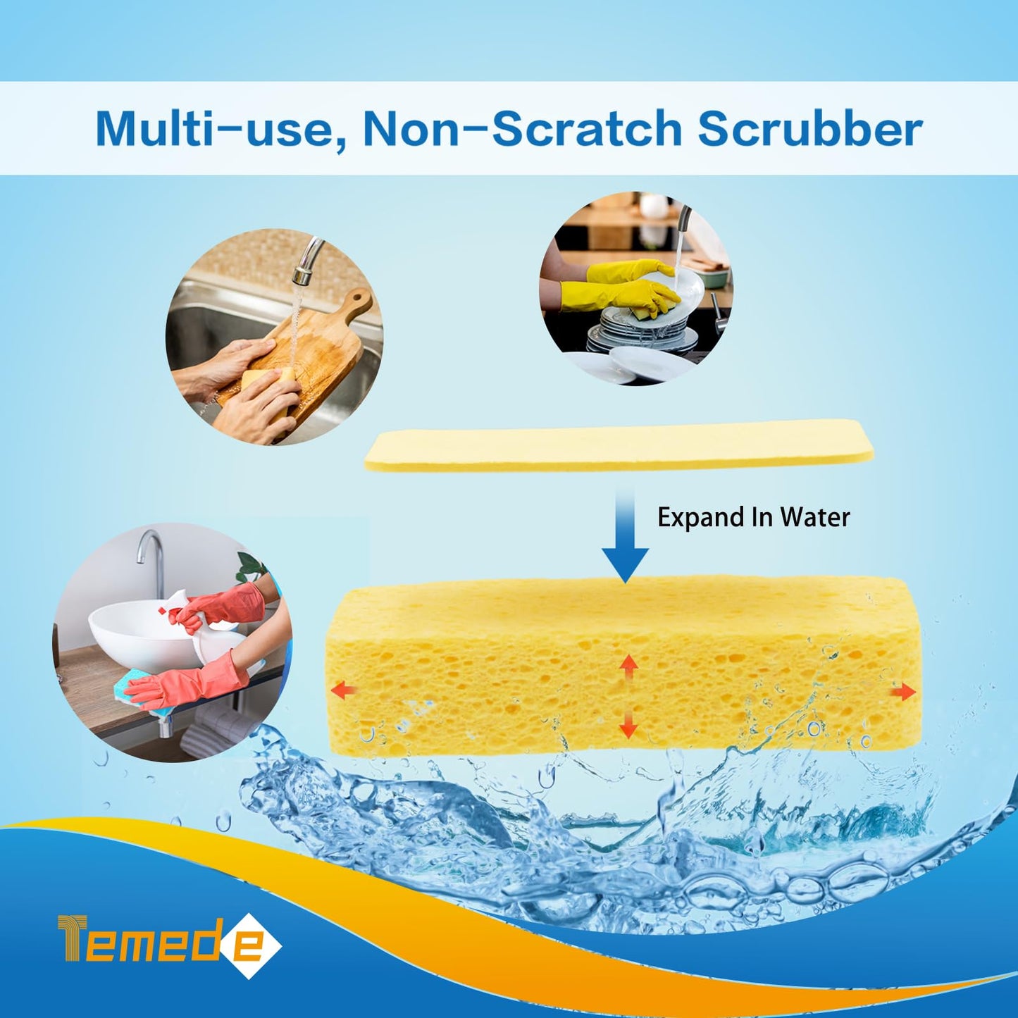 Temede Large Cellulose Sponges, Kitchen Sponges for Dish, 1.2" Thick Heavy Duty Scrub Sponges, Non-Scratch Dish Scrubber Sponge for Household, Cookware, Bathroom, Compressed Packaging 5pcs