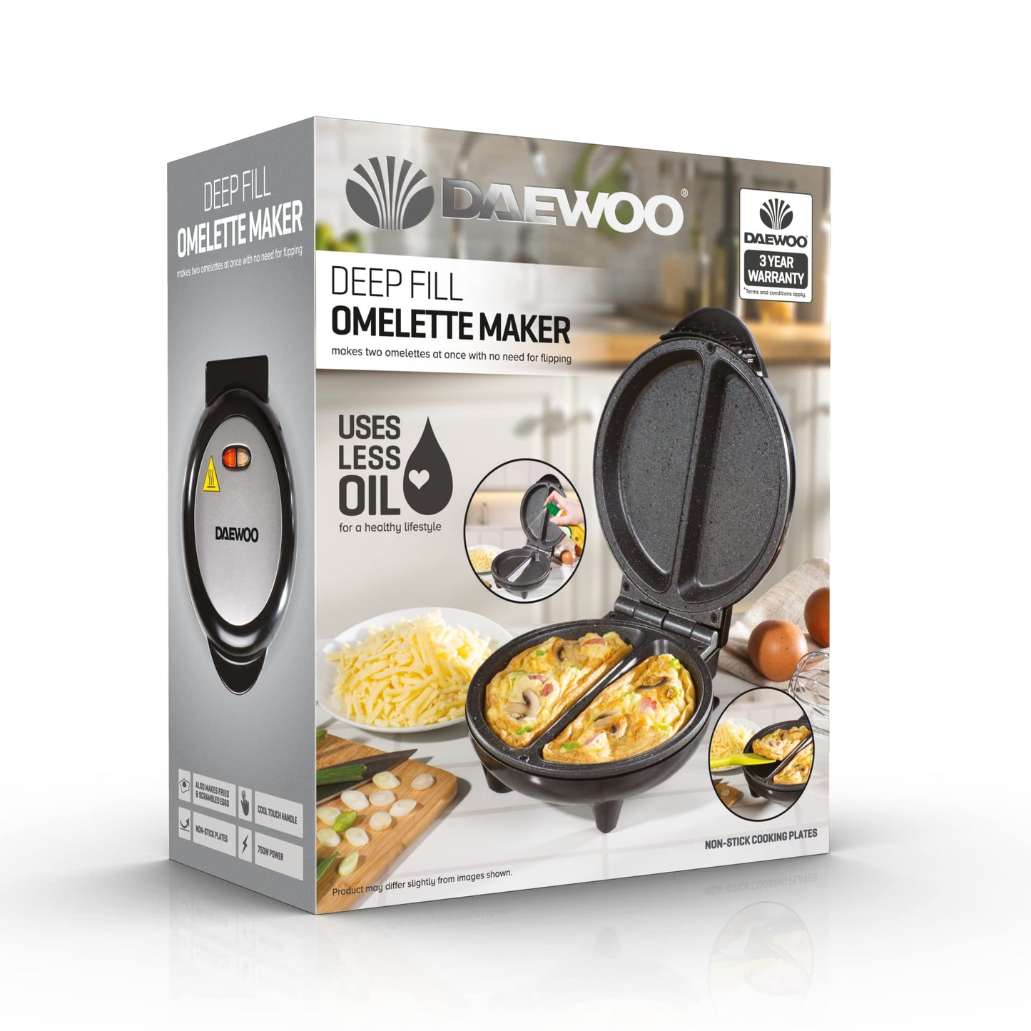 Daewoo SDA1556 Deep Fill Omelette Maker Snack Range, Non Stick, Easy Clean, Stainless Steel & Black