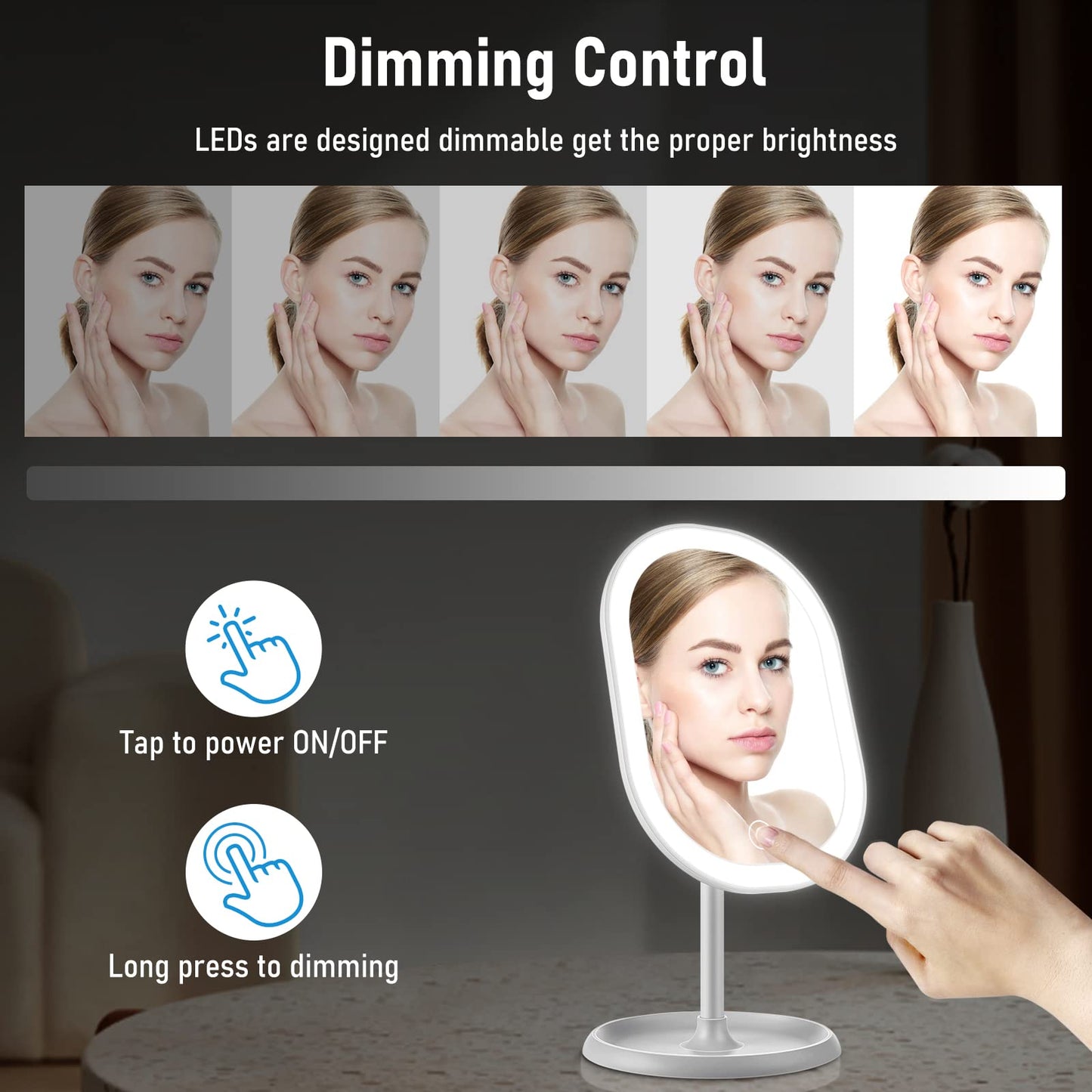 Aidodo Makeup Mirror with LED Lights, Portable and USB Rechargeable Professional Makeup Mirror, Touch Screen Switch, 180 Degree Rotation for Bedroom Makeup Shaving and Travel White