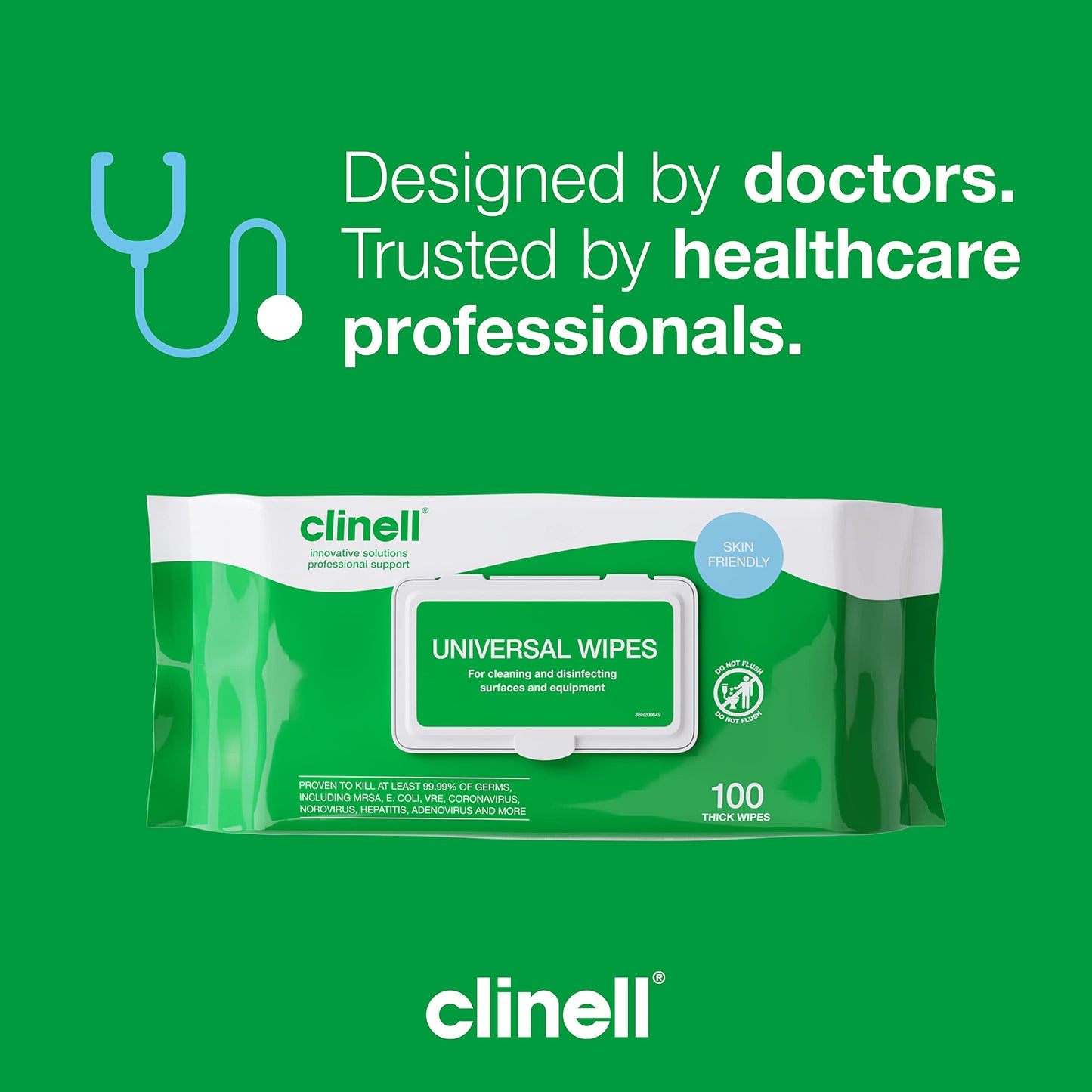 Clinell Universal Cleaning and Disinfectant Wipes for Surfaces - Pack of 100 Thick Wipes - Multi Purpose Wipes, Kills 99.99% of Germs, Quick Action - 255mm x 175mm 1 Pack (100 Wipes) Disinfectant Wipes, Pack of 100