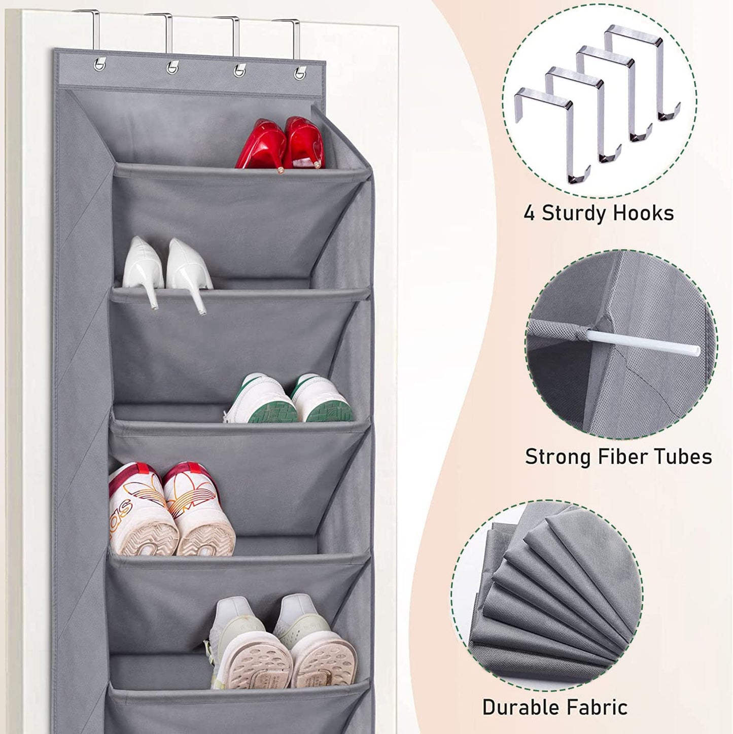 MISSLO 8 Shelves Hanging Shoe Rack, Over Door Shoe Storage with Deep Pockets Organizer fits 20 Pairs, Closet Shoe Holder Organiser for Narrow Door, Grey 8 Shelf