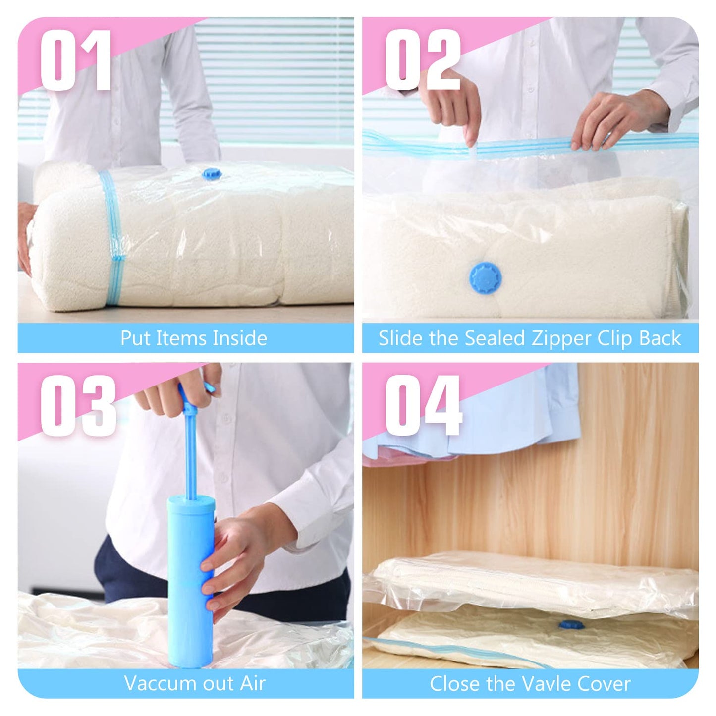 Vacuum Storage Bags for Clothes, Vaccum Bags 6 Pack 3 Jumbo 100 x 80cm + 3 Large 80 x 60cm, Reusable Vacuum Pack Bags with Pump