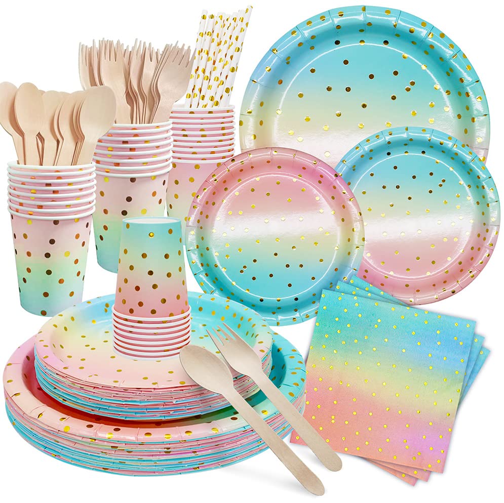 DN DENNOV 168PCS Pink and Gold-Pastel Party Supplies, Severs 24 Disposable Party Dinnerware Include Paper Party Plates, Cups, Napkins, Straw, Wooden Fork Spoon for Wedding Blue&pink&gold