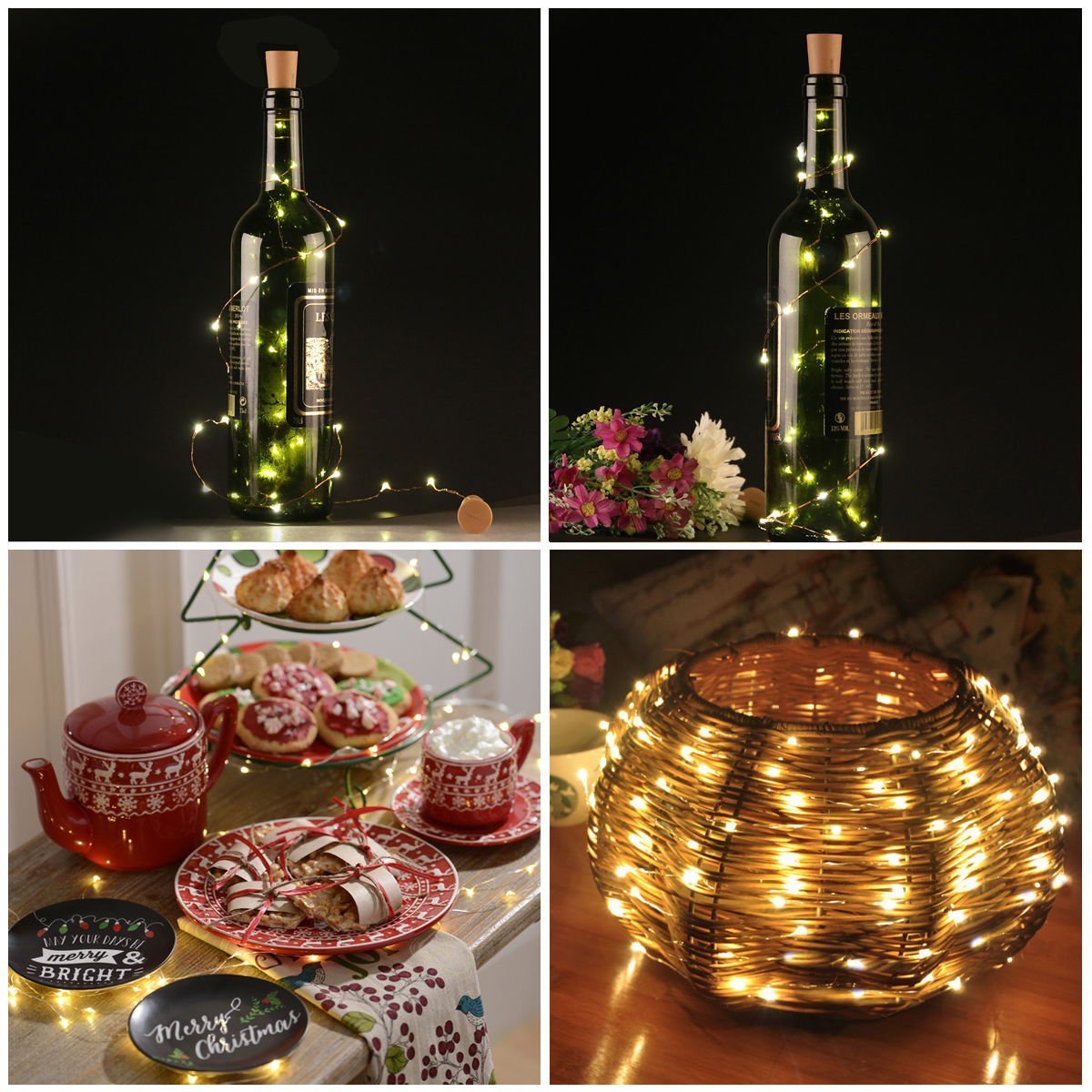 LED Cork Bottle Lights, USB Powered Rechargeable, 6.2ft 20 LED, Copper Wire String Starry LED Lights for DIY, Home Kitchen, Wedding, Halloween, Christmas, Party Decor (Warm White, 3 Pcs)