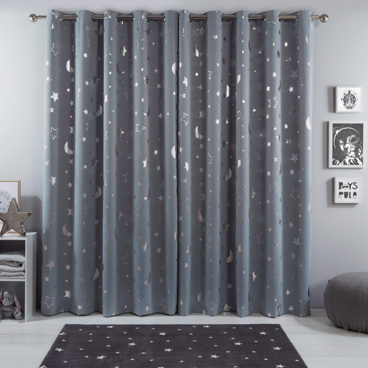 Dreamscene Galaxy Thermal Blackout Curtains Pair of Eyelets Rings Top Panels Children Metallic Stars Moon - Silver Grey, Width 66 inches x Drop 90 inches… 66" wide x 90" drop Silver Grey Moon Stars