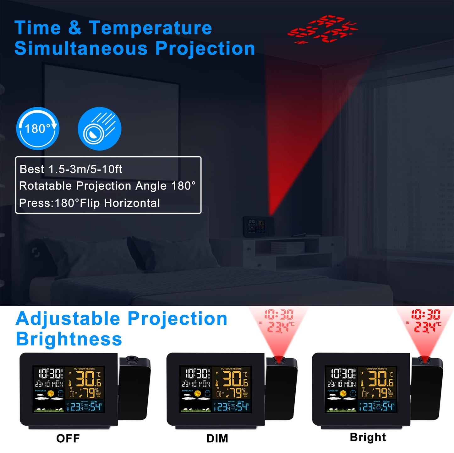 Radio Control(Official 2023MSF UK Version)Kalawen Projection Alarm Clock with Outdoor Sensor,Weather Station for Bedroom,Projector Dimmable Clock Dual Alarms LCD Display Temperature Humidity Date Time Black