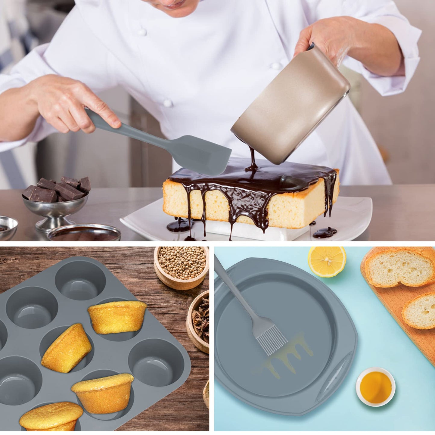 Aschef Economical 7in1 Nonstick Silicone Baking Cake Pan Tin Tray Sheet Mould Set for Oven, BPA Free Heat Resistant Bakeware Supplies Mold Tools Kit for Pancake Cupcake Bread Loaf Muffin Utensil Grey 7in1