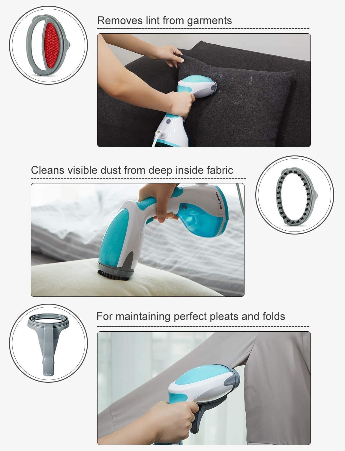 BEAUTURAL Steamer for Clothes, Portable Handheld Garment Fabric Wrinkles Remover, 30-Second Fast Heat-up, Auto-Off, Large Detachable Water Tank Aqua