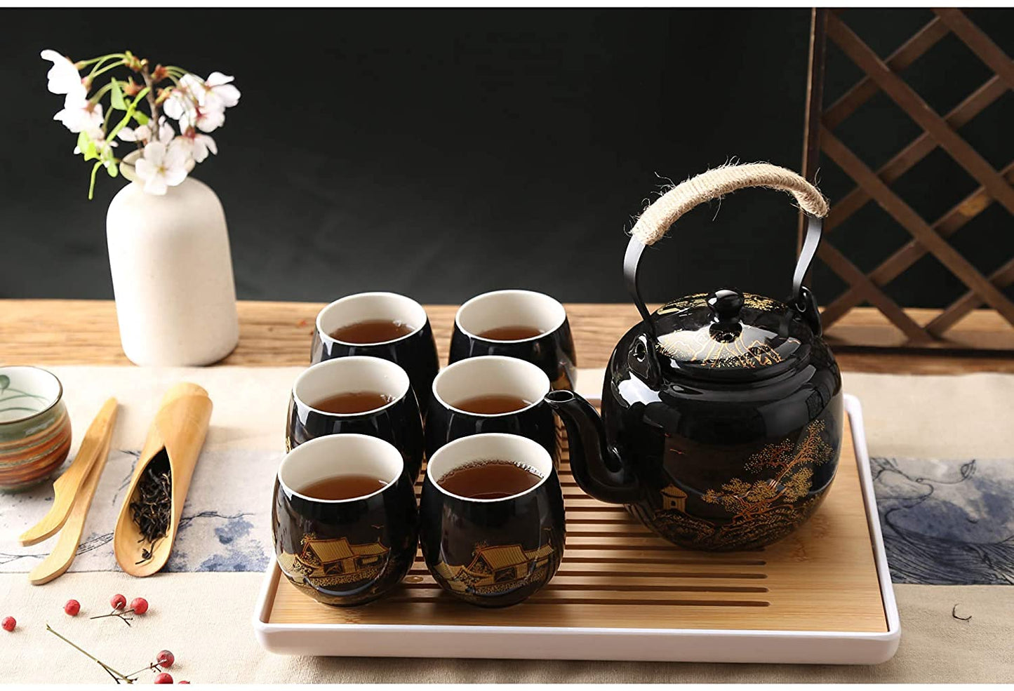 Dujust Japanese Tea Set, Black Porcelain Tea Set with 1 Teapot Set, 6 Tea Cups, 1 Tea Tray, 1 Stainless Infuser, Beautiful Asian Tea Set for Tea Lover/Women/Men (Countryside in Golden) - Black