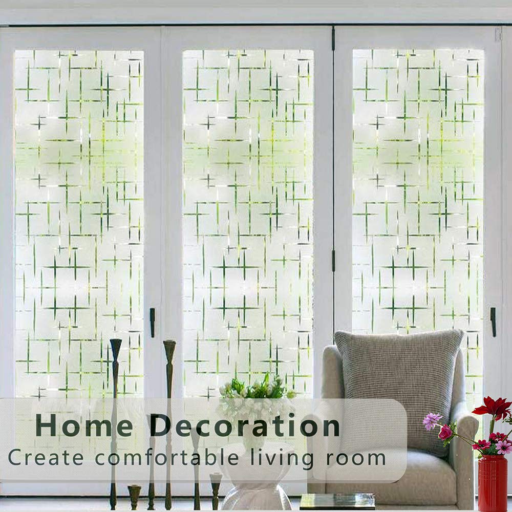 Finnez Privacy Window Film Cross Pattern Self Adhesive Glass Frosted Window Sticker Decorative Static Cling Anti UV Reusable for Home Office Living Room Kitchen - 60 X 400 CM