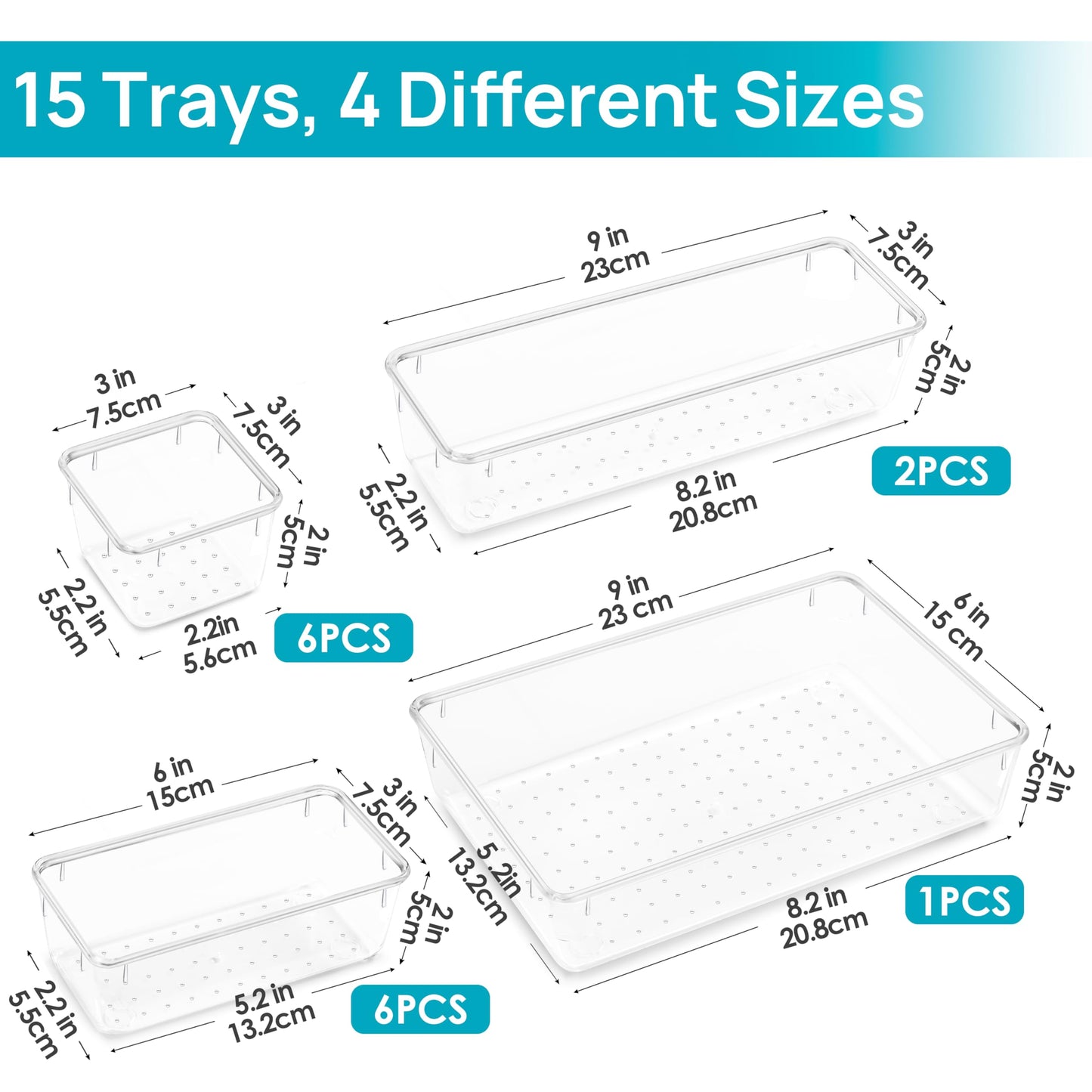 Vtopmart 15 Pack Kitchen Drawer Organisers Set, 4-Size Versatile Bathroom and Vanity Drawer Organizer Trays, Clear Plastic Storage Bins for Makeup, Bedroom, Kitchen Gadgets Utensils and Office