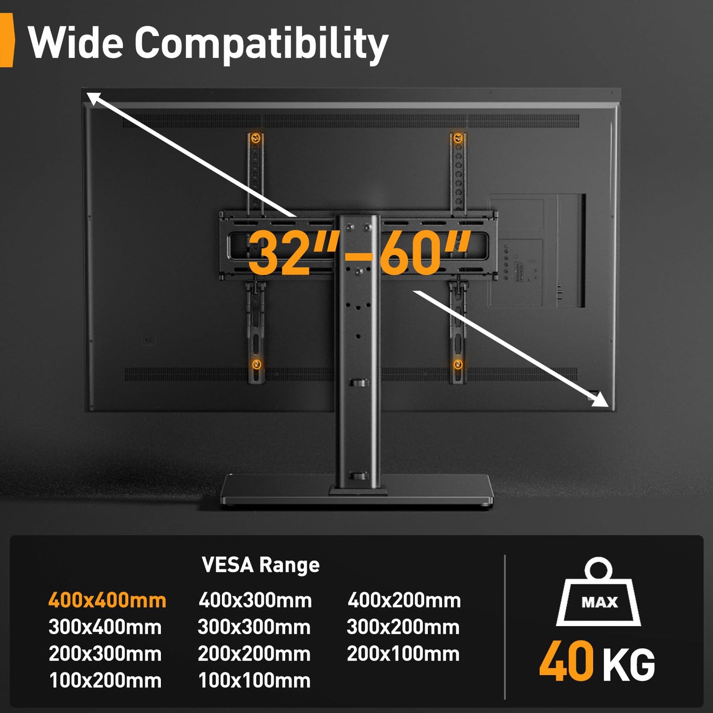 Universal Swivel TV Stand - Table Top TV Stand for 32-60 inch LCD LED TVs - Height Adjustable TV Base Stand with Tempered Glass Base & Wire Management, Holds 40 KG & Max.VESA 400x400mm