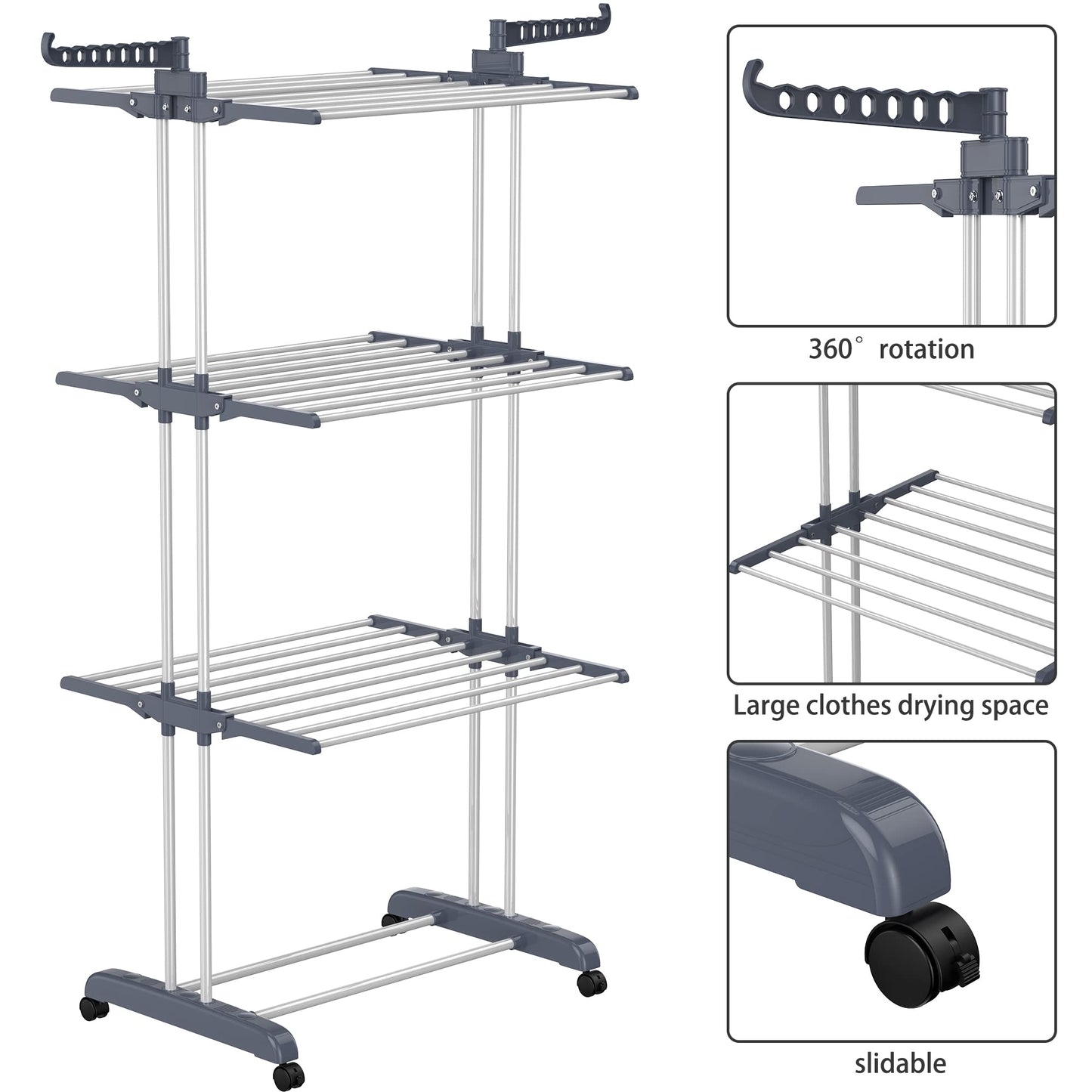 HOMIDEC Airer Clothes Drying Rack,4-Tier Foldable Clothes Hanger Adjustable Large Stainless Steel Garment Laundry Racks for Indoor Outdoor Grey