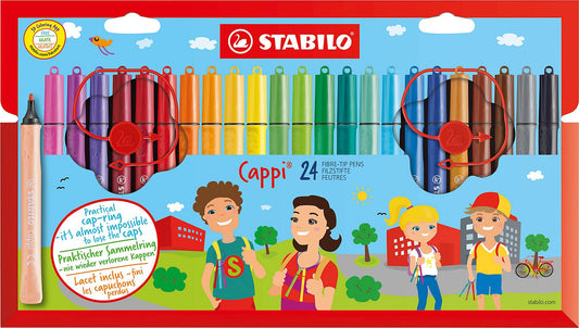 Fibre-Tip Pen with Cap-Ring - STABILO Cappi - Pack of 24 - Assorted Colours + 2 Cap-Rings