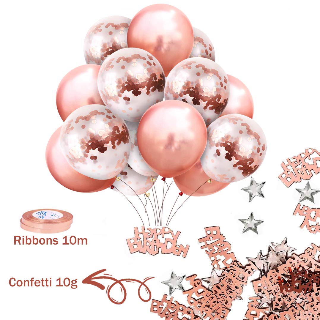 iZoeL Rose Gold Birthday Party Decoration for Girls Women Happy Birthday Banner, Rose Gold Fringe Curtain Foil Tablecloth, Heart Star Confetti Balloons and 10g Table Confetti Pink