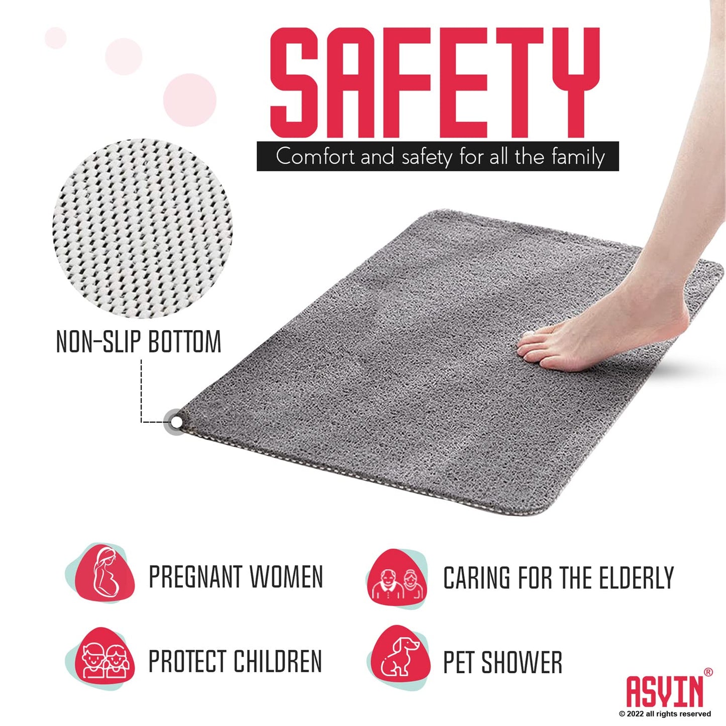 Asvin Soft Textured Anti Slip Bath & Shower Mat for Inside Shower & Wet Areas (40x60cm Grey) Phthalate Free Rubber Loofah Bathroom Mats for Slippery Surfaces, Quick Dry Antibacterial & Mould Resistant 40cm x 60cm