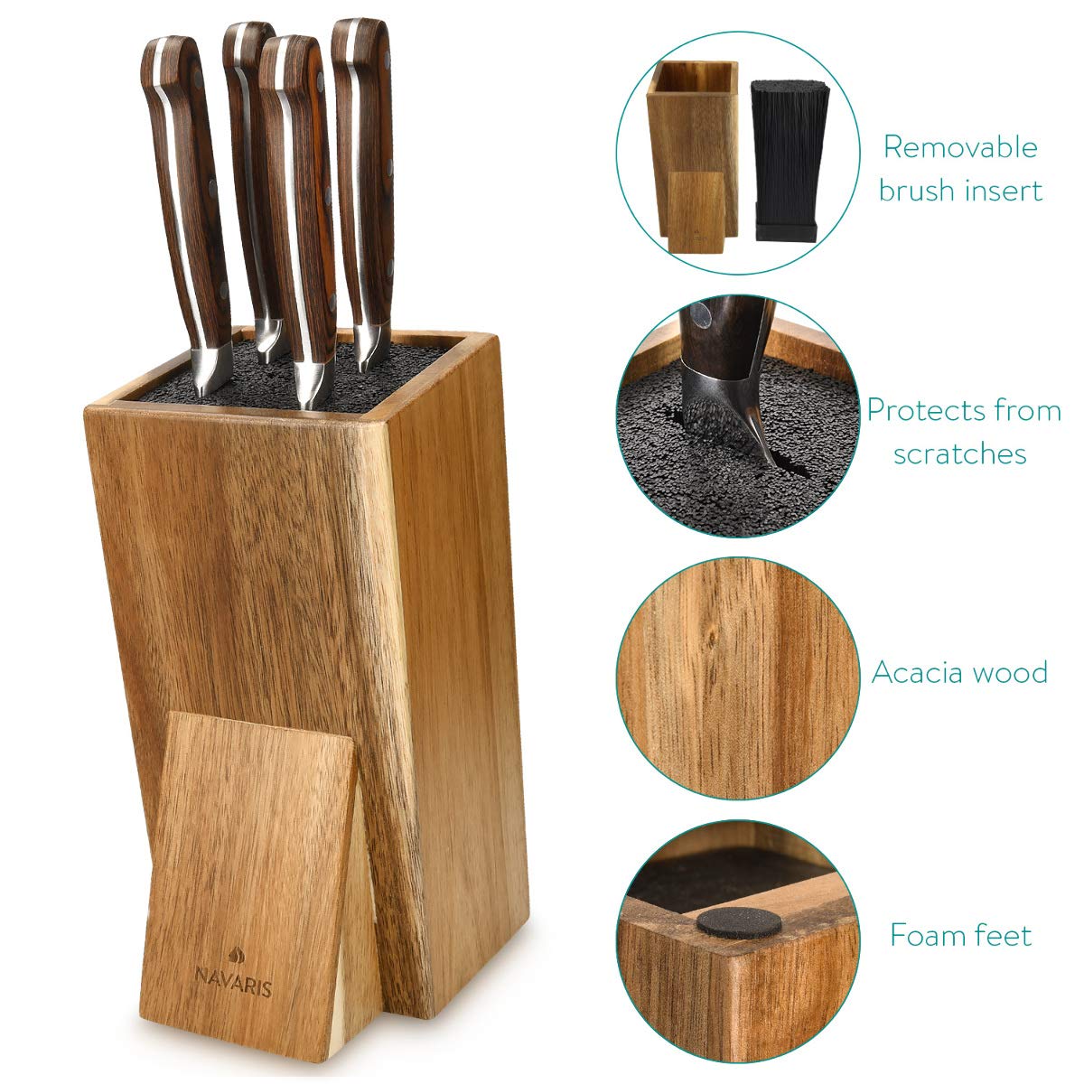 Navaris Wooden Kitchen Knife Block - Universal Bristle Knife Holder Storage Stand - Acacia Wood Knife Block - Angled Design, 25 x 15 x 10.5 cm Inclined