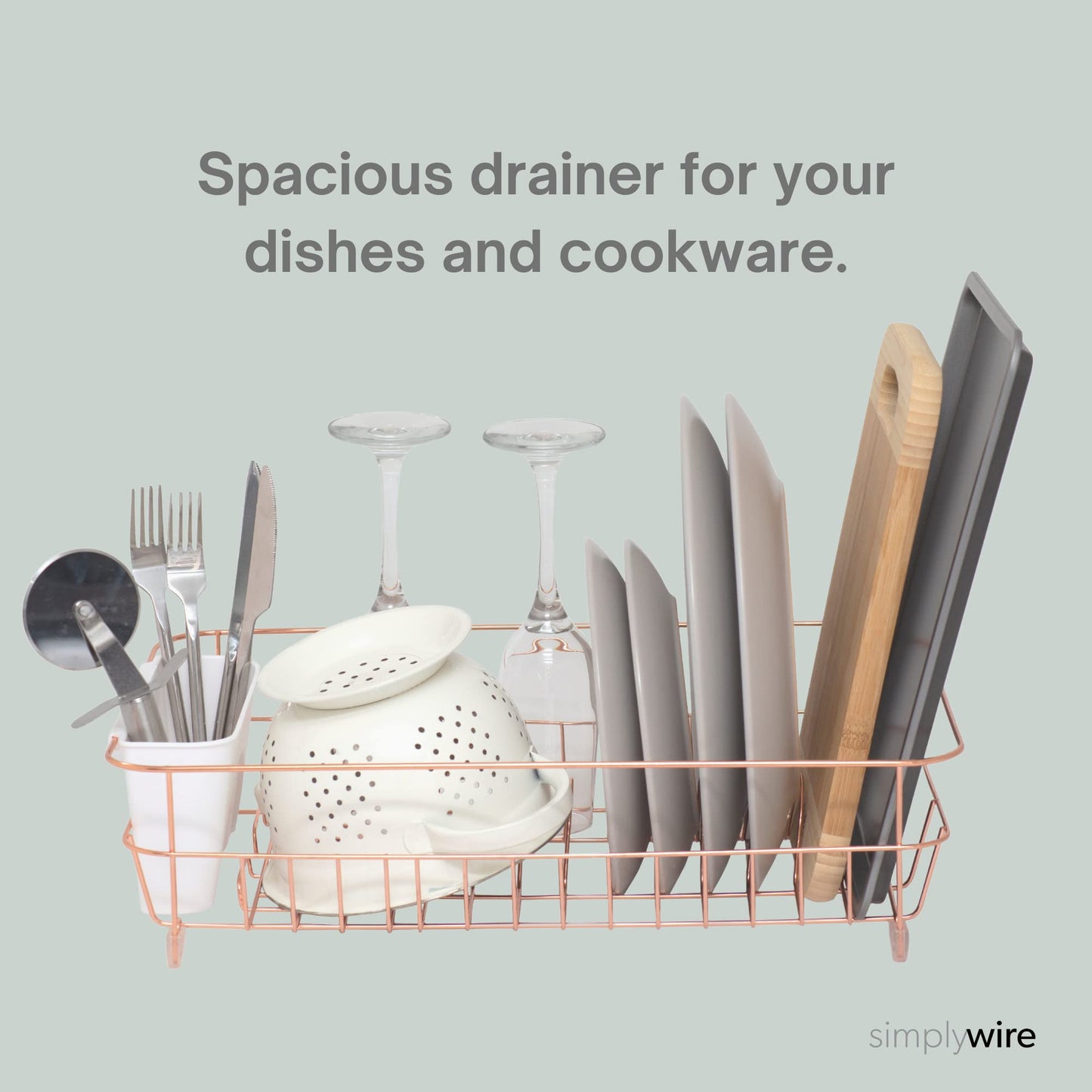 simplywire - Dish Drainer - Anti Rust Drying Rack – White Cutlery Basket - Copper Chrome Plated steel