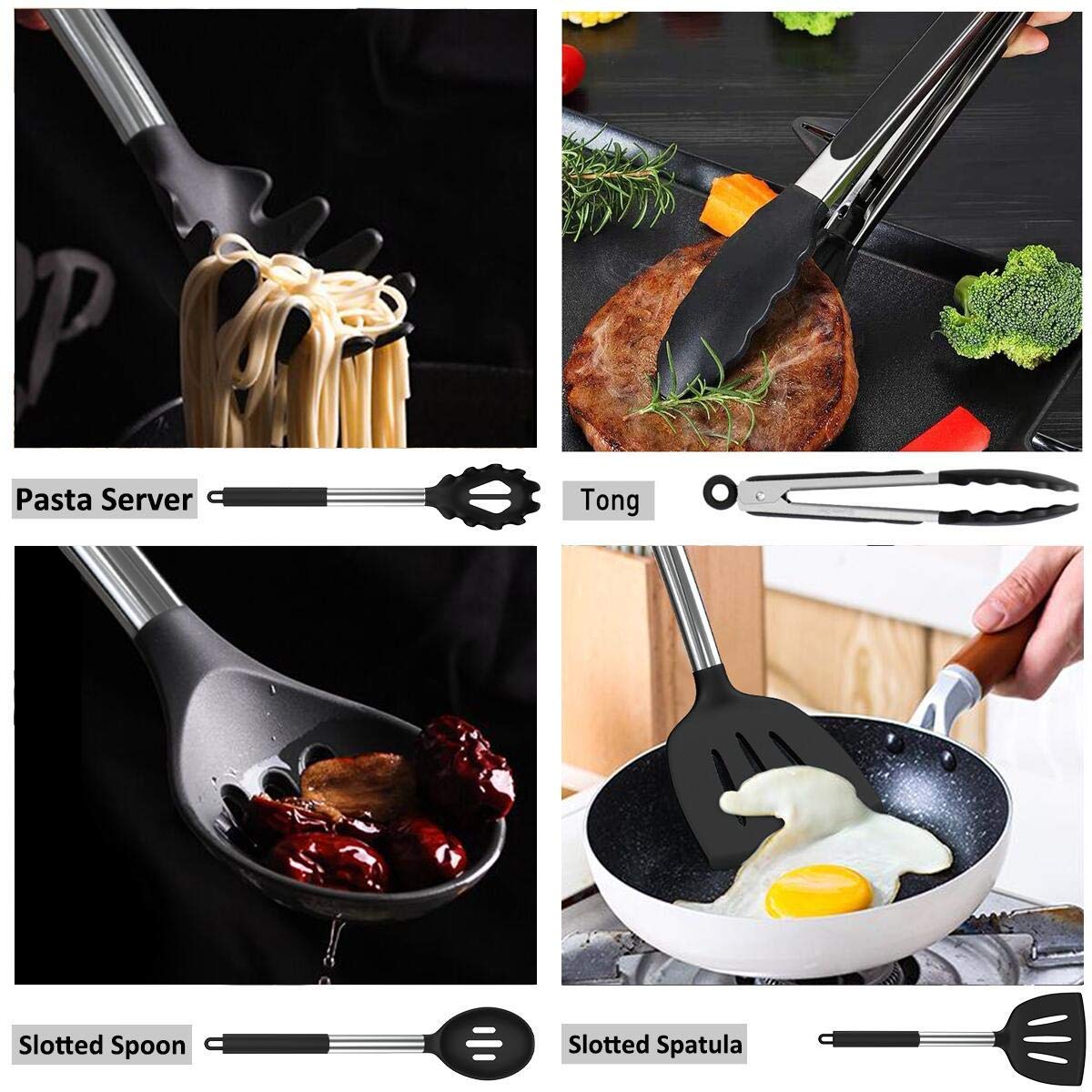 Umite Chef Kitchen Utensil Set, 15pcs Silicone Cooking Kitchen Utensils Set, Cooking Tools Turner Tongs Spatula Spoon for Nonstick Heat Resistant Cookware - (Black) Black