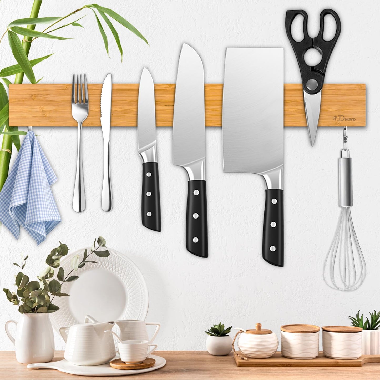 Dmore Bamboo Magnetic Knife Strip with 2 Hooks, 40 cm Knife Holder, Magnetic Extremely Self-Adhesive Magnetic Knife Holder Wood for a Tidy Kitchen Bamboo, 40cm