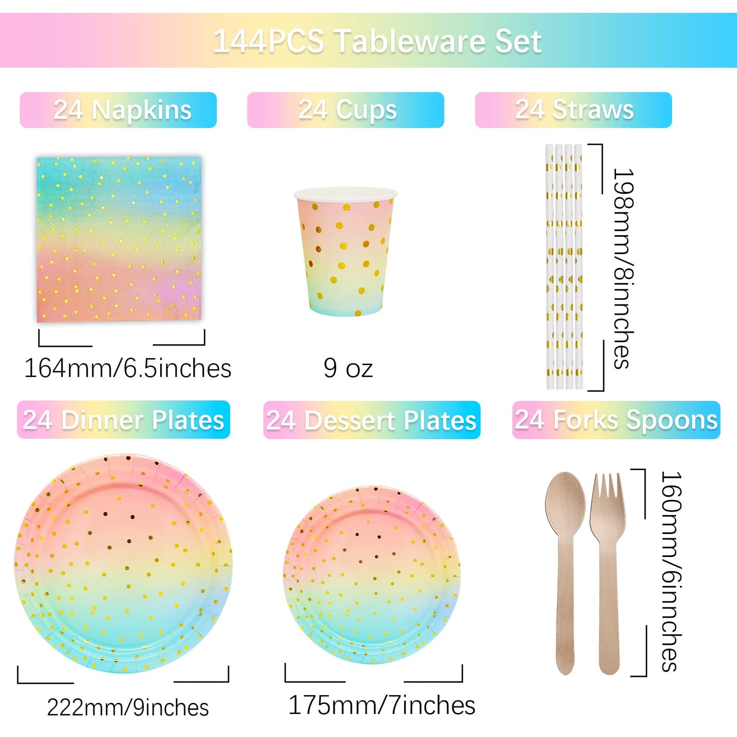 DN DENNOV 168PCS Pink and Gold-Pastel Party Supplies, Severs 24 Disposable Party Dinnerware Include Paper Party Plates, Cups, Napkins, Straw, Wooden Fork Spoon for Wedding Blue&pink&gold