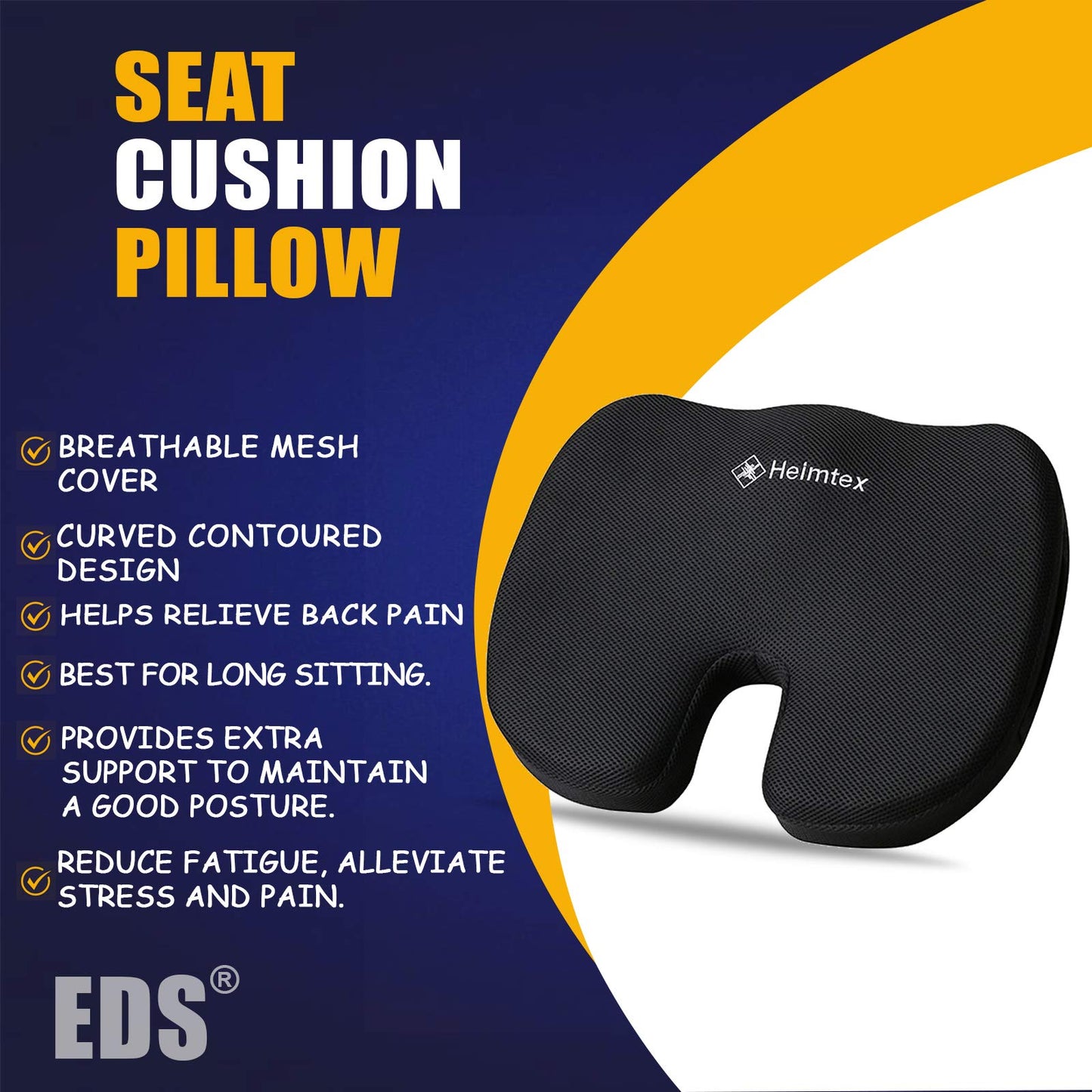 EDS Seat Cushion for Office Chair Memory Foam Coccyx Pain Relief Cushion Pillow for Back Support Non-Slip Seat Pad for Office Desk, Gamming Chair, Wheelchair, Car Seat, Sciatica, Tailbone Pain