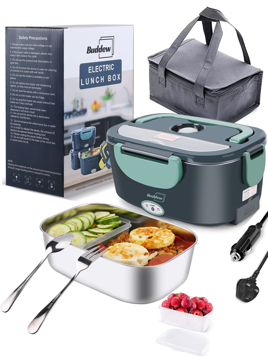 Buddew Electric Lunch Box 80W Food Heater 3 in 1 12/24/110-230V Portable Lunch Warmer Upgraded Leakproof Heated, for Car/Truck/Office with SS Fork&Spoon and Insulated Carry Bag (Green) Green