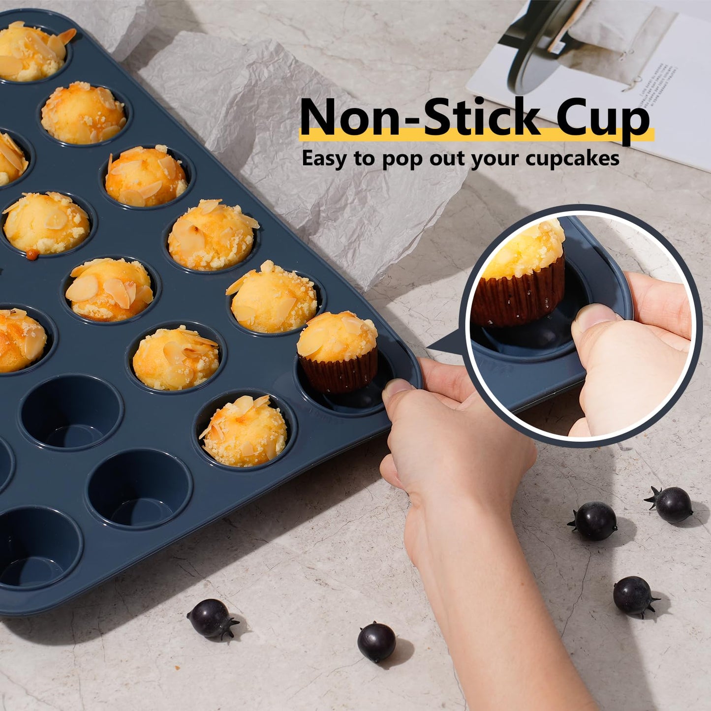 SUPER KITCHEN Mini Muffin Tray 24 Cup Silicone Muffins Pan, Non-Stick Cupcake Tin, Silicon Mould Bakeware, Reusable Baking Case for Mini Mince Pie, Cupcakes, Dishwasher Safe, 34 x 23 x 2.5 cm (Grey) Grey 24 Cups