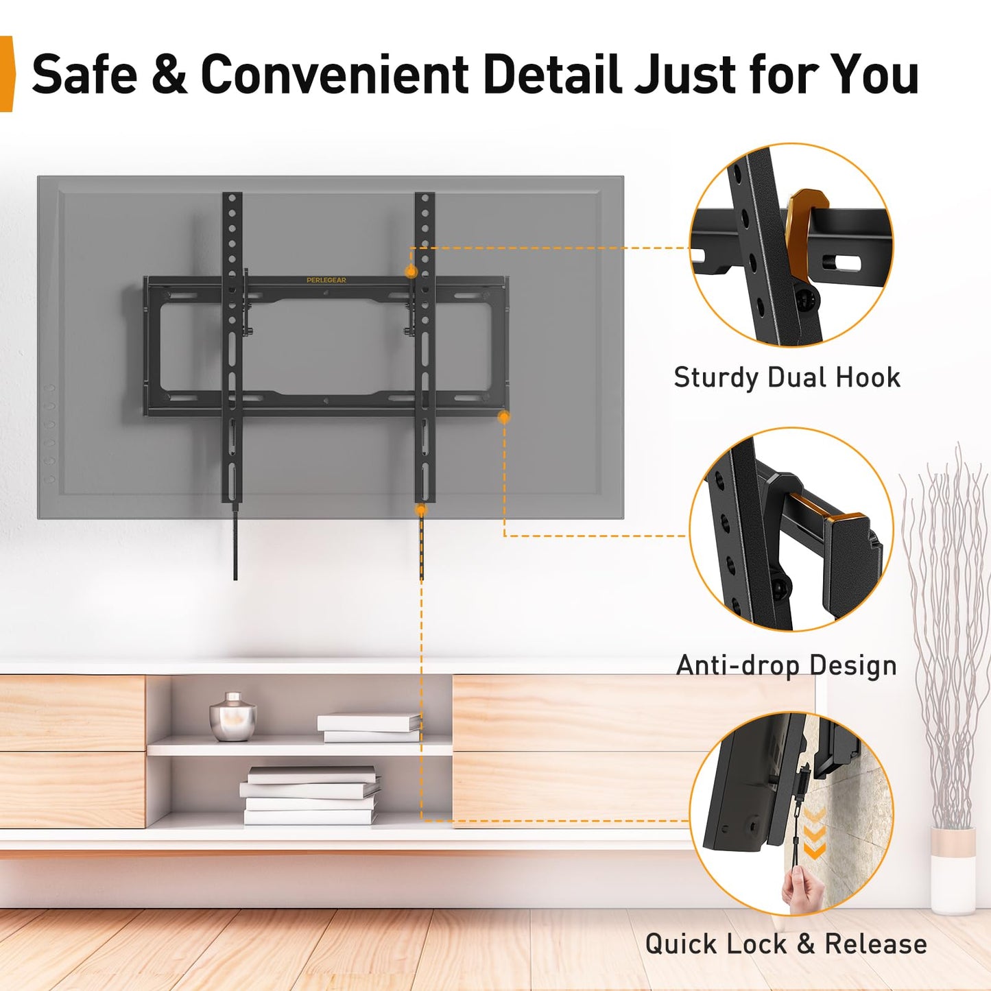 Perlegear TV Wall Bracket for Most 26-65 inch TVs up to 45kg, Max VESA 400x400mm, 55 inch Tilt TV Wall Mount with Pull Cord Safety Locks, PGPIMTK1-E