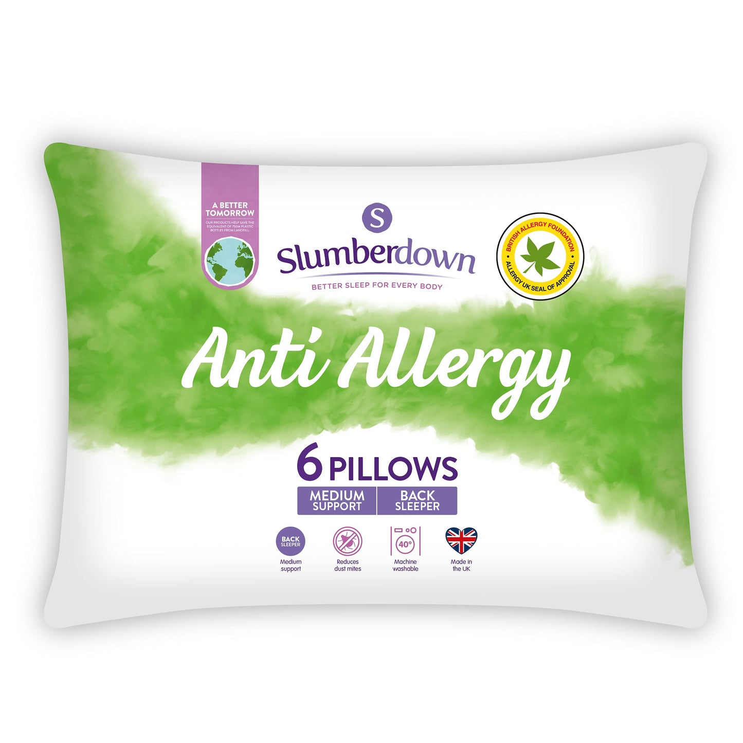 Slumberdown Anti Allergy Pillows 6 Pack - Medium Support Back Sleeper Pillows for Back Pain Relief - Anti Bacterial, Comfortable, Hypoallergenic, UK Standard Size (48cm x 74cm) 6 Count (Pack of 1)