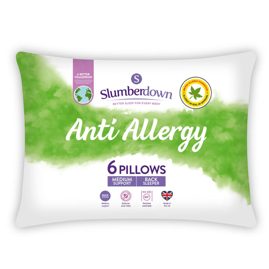 Slumberdown Anti Allergy Pillows 6 Pack - Medium Support Back Sleeper Pillows for Back Pain Relief - Anti Bacterial, Comfortable, Hypoallergenic, UK Standard Size (48cm x 74cm) 6 Count (Pack of 1)