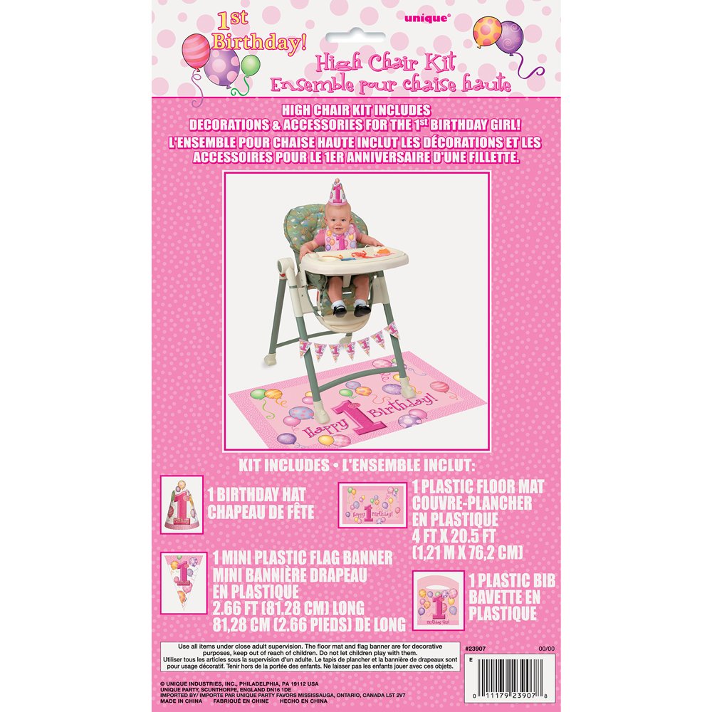 First Birthday Pink Balloons Highchair Kit - 1 Set - Perfect for Baby Girl's Celebration