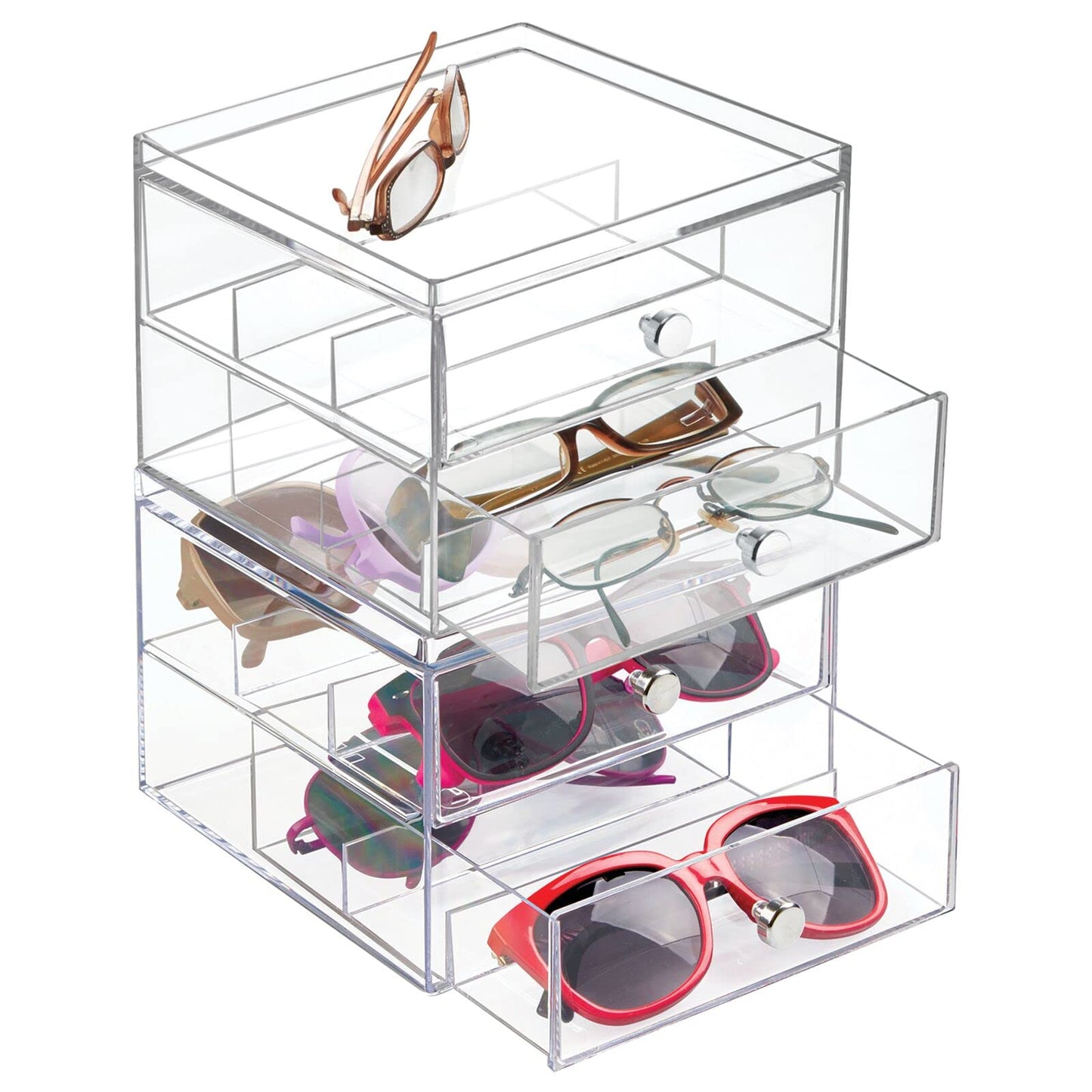 mDesign Glasses Display Case — Eyeglasses Storage Box with 2 Divided Drawers — Spectacle Storage Unit Clear