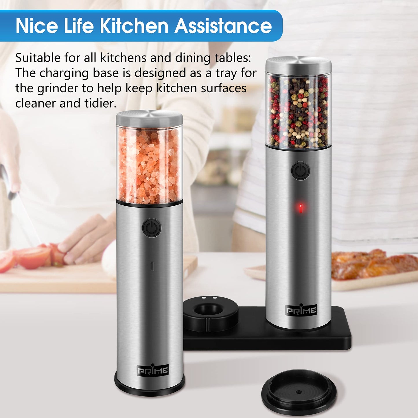 PRIME, Electric Salt and Pepper Grinder Set, 2 Mills, Rechargeable, with Charging Base, USB Cable, Power Adapter, Automatic Tact Switch Operation, Adjustable Coarseness, Stainless Steel (UK 2.2) Pack of 2