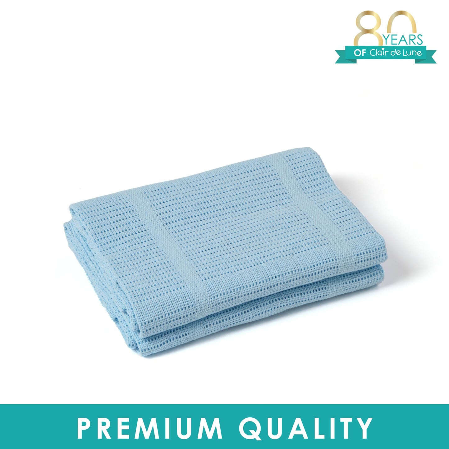 Clair de Lune | Warm & Cosy Cellular Baby Blanket | 100% Extra Soft Breathable Cotton, Pram/Travel/Moses Basket (90 x 70 cm) Blue 70 x 90 cm