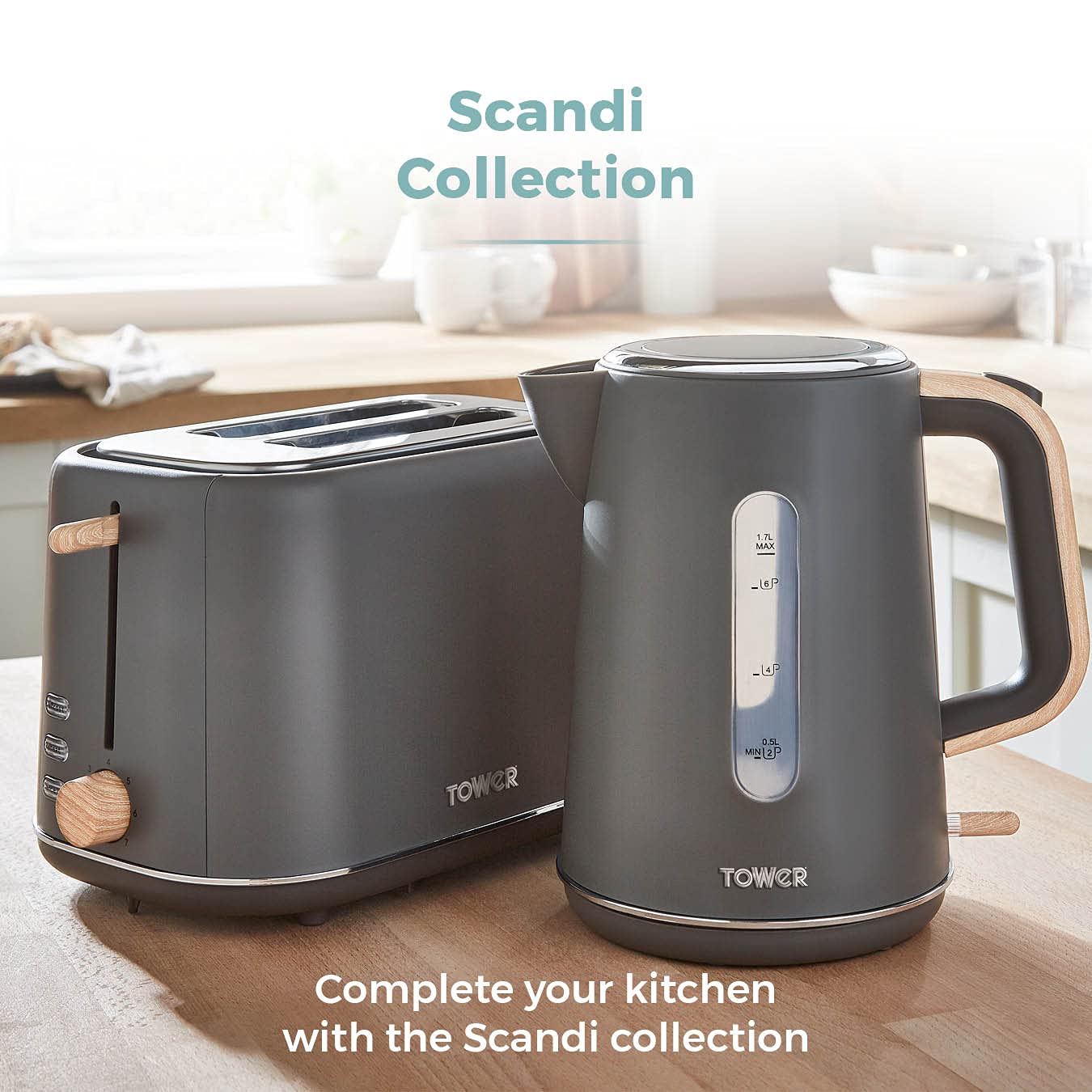 Tower Scandi T20027G 2 Slice Toaster with Adjustable Browning Control, Grey with Wood Accents Single