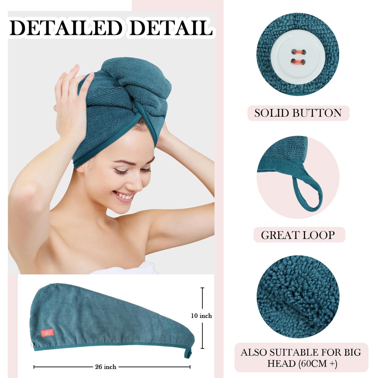 YoulerTex Microfibre Hair Towel Wrap: 2Pack Hair Turban Super Absorbent Rapid Drying Microfiber Towel for Women Curly Long Wet Plopping Hair Girls Head Towelling Large Anti-Frizz (Haze Blue) Haze Blue