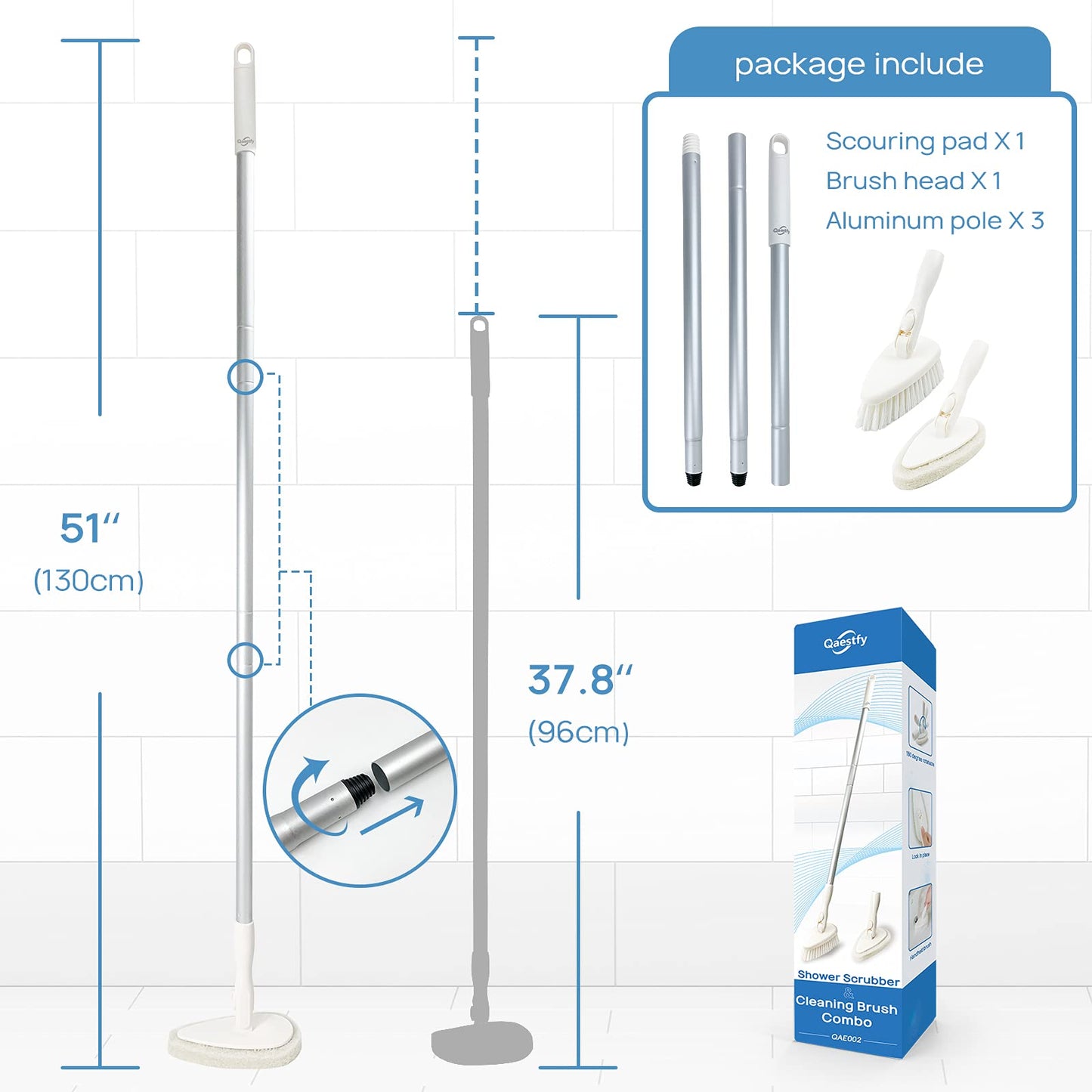 Qaestfy Shower Cleaning Brush and Scrubber Scourer Combo with 51'' Detachable Long Handle Tub and Tile Shower Bathroom Cleaner Scrubber Brush Cleaning Tools for Shower Bath Bathtub Tub Cleaning White