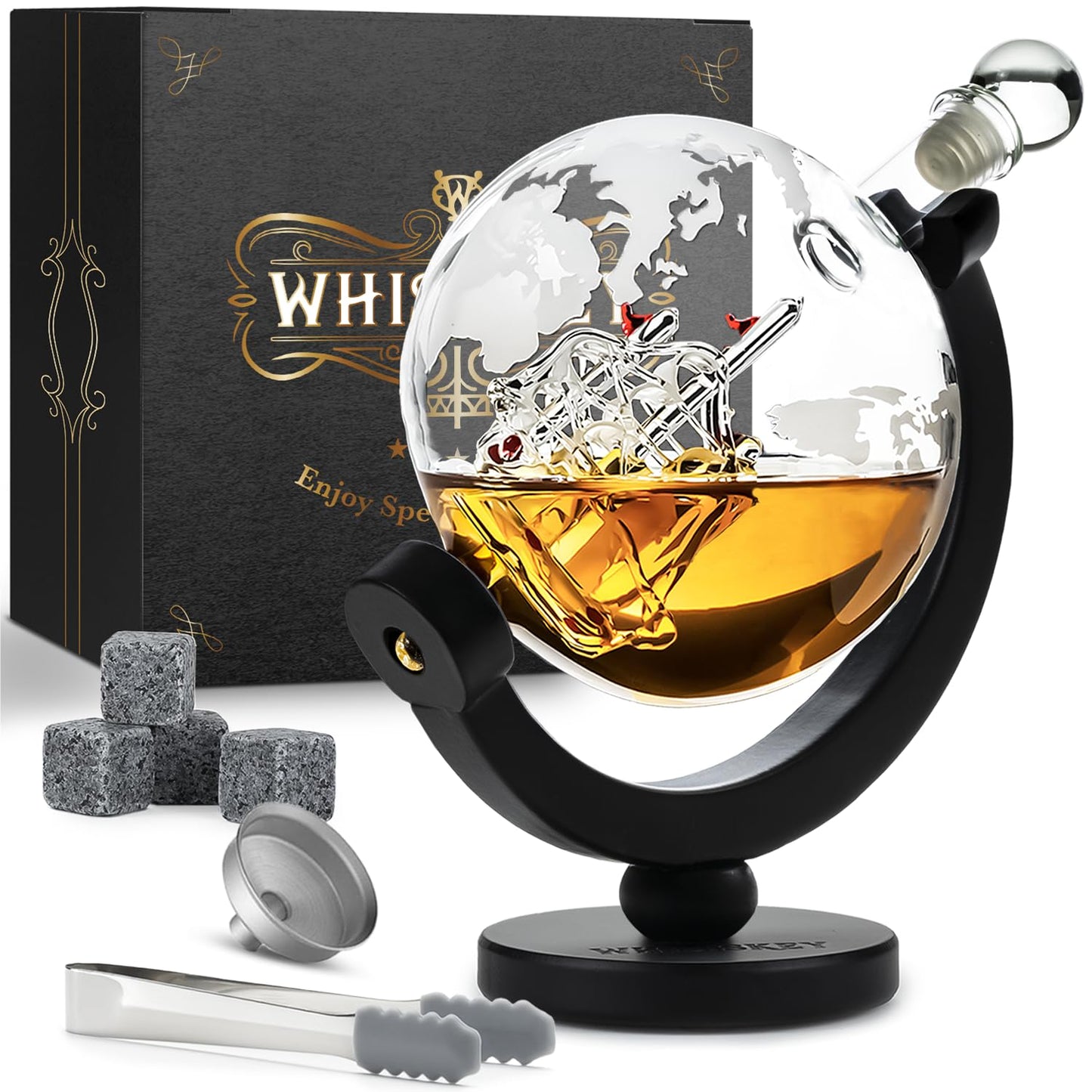 Whisiskey – Whiskey Decanter – Globe - 900 ml – Whiskey Carafe Set - Gifts for Men – Inc. 4 Whiskey Stones – Spout – Glass Stopper and Pliers Decanter Set