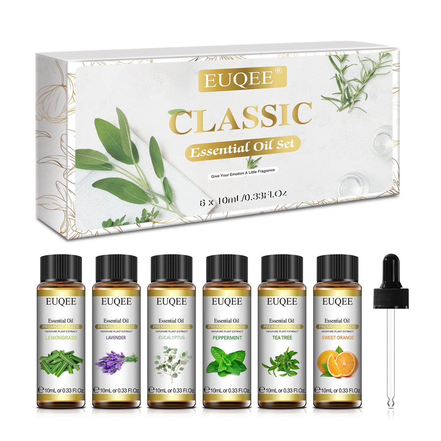 EUQEE Essential Oils Set, Therapeutic Grade Pure Essential Oil for Diffuser for Home, Classic Aromatherapy Oils - Lavender, Eucalyptus, Peppermint, Tea Tree, Sweet Orange, Lemongrass - 6 x 10ml