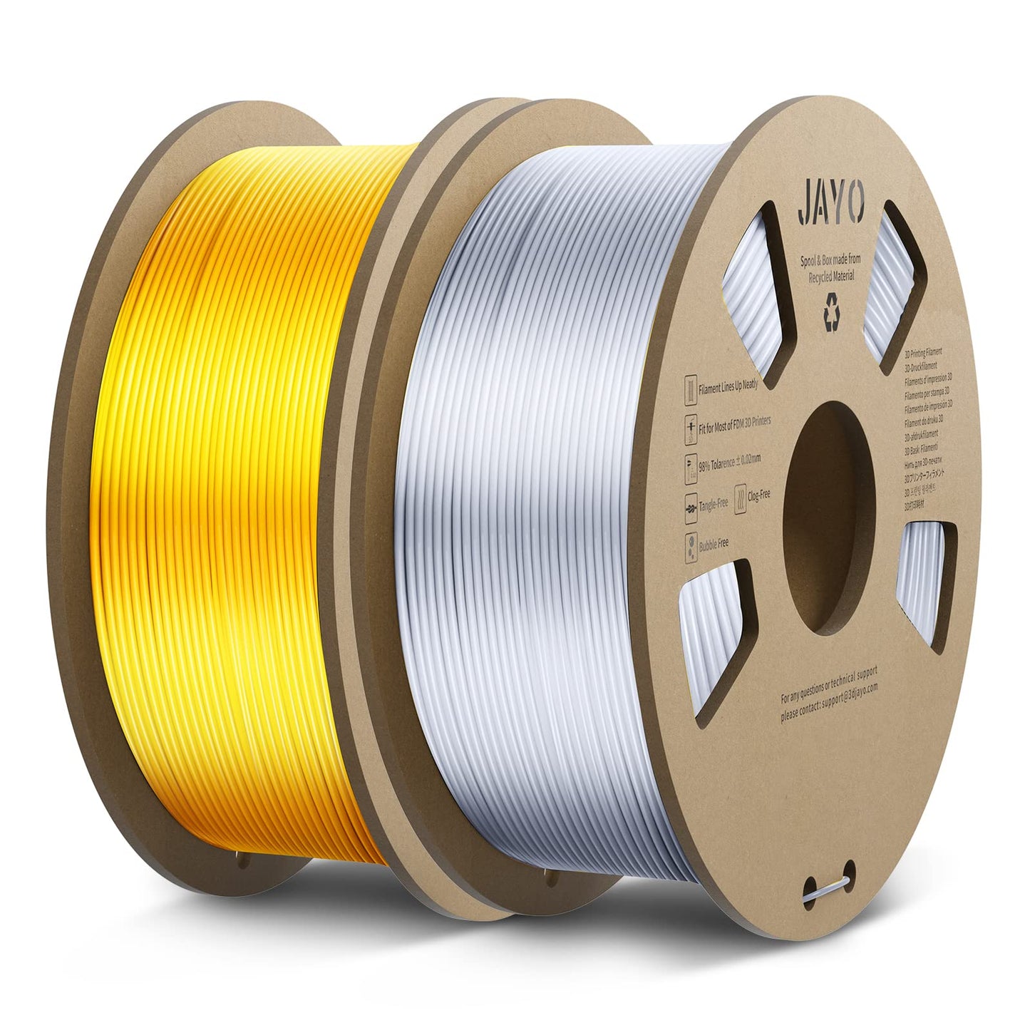 JAYO PLA Silk Filament 1.75mm, Shiny PLA 3D Printer Filament 2.2kg, Neatly Wound Filament, Dimensional Accuracy +/- 0.02, 2 Spools PLA+ Silver+Light Gold 2.2kg Silver+Gold