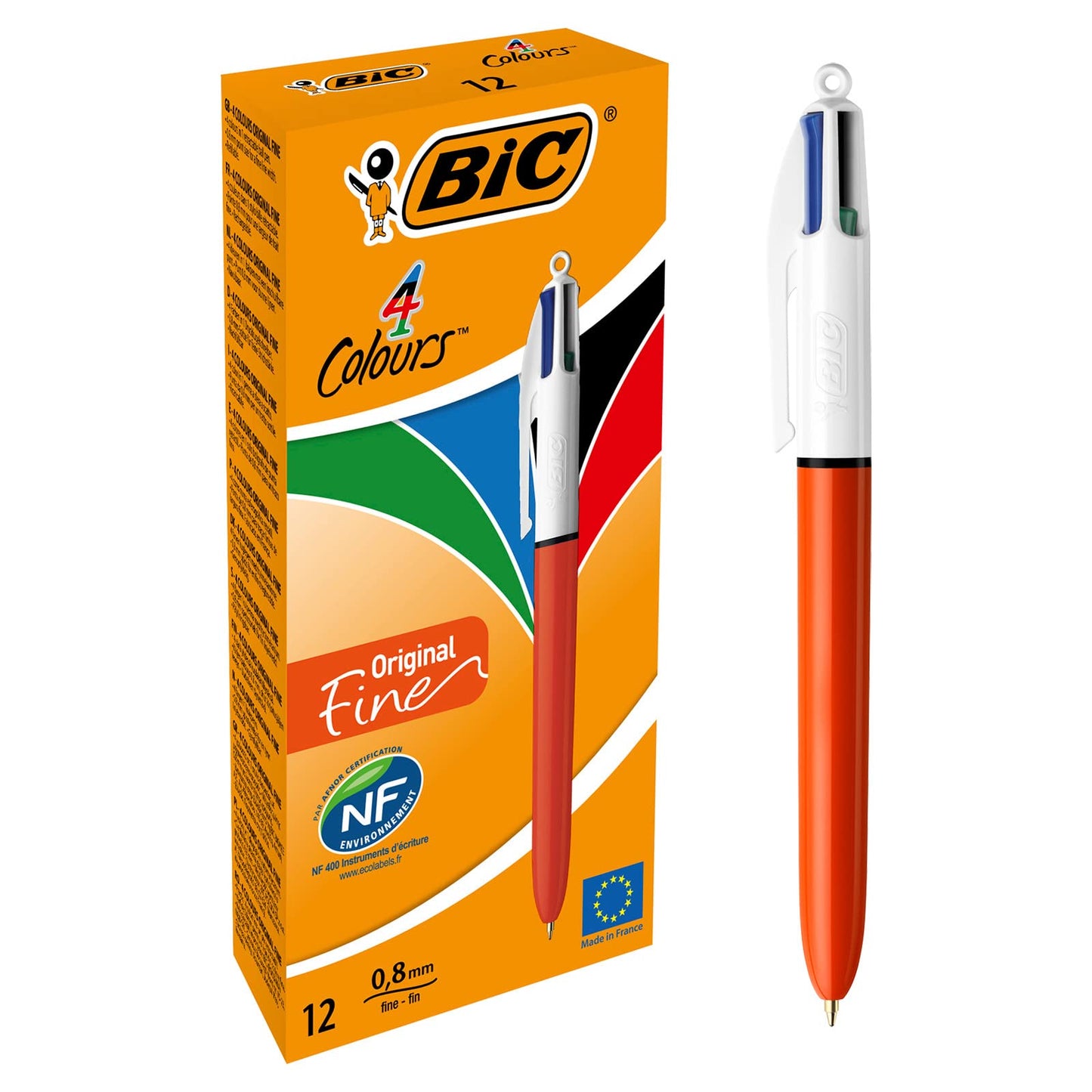 BIC 4 Colours Original Retractable Ballpoint Pens with Four Colours and Fine Point (0.8 mm), Pack of 12 12 Count (Pack of 1)