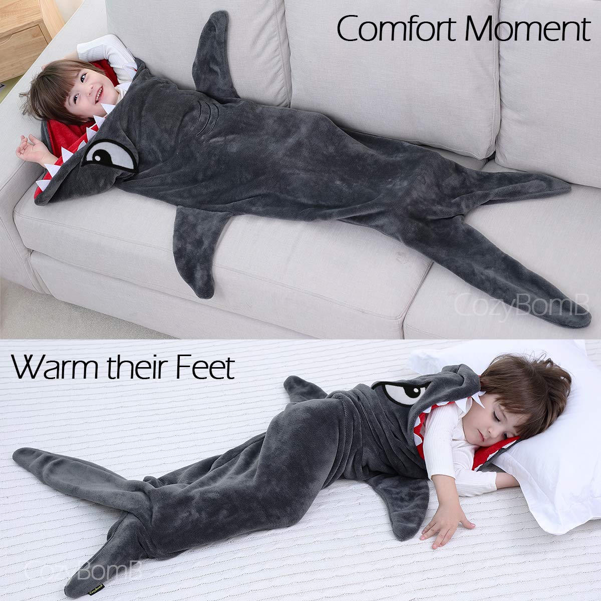 CozyBomB Cozy Shark Tails Blanket for Kids - Smooth One Piece Blankie Design - Durable Seamless Plush Throw - Grey Sleeping Bag with Fin - Christmas Birthday Gifts for Boys & Girls