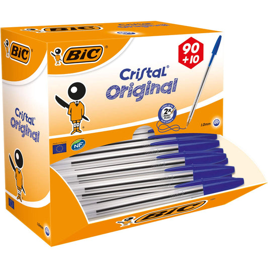 BIC Cristal Original Comfortable Ballpoint Pens - Value Pack of 100 - Blue Colour- Medium Point (1.0 mm) 100 Count (Pack of 1)